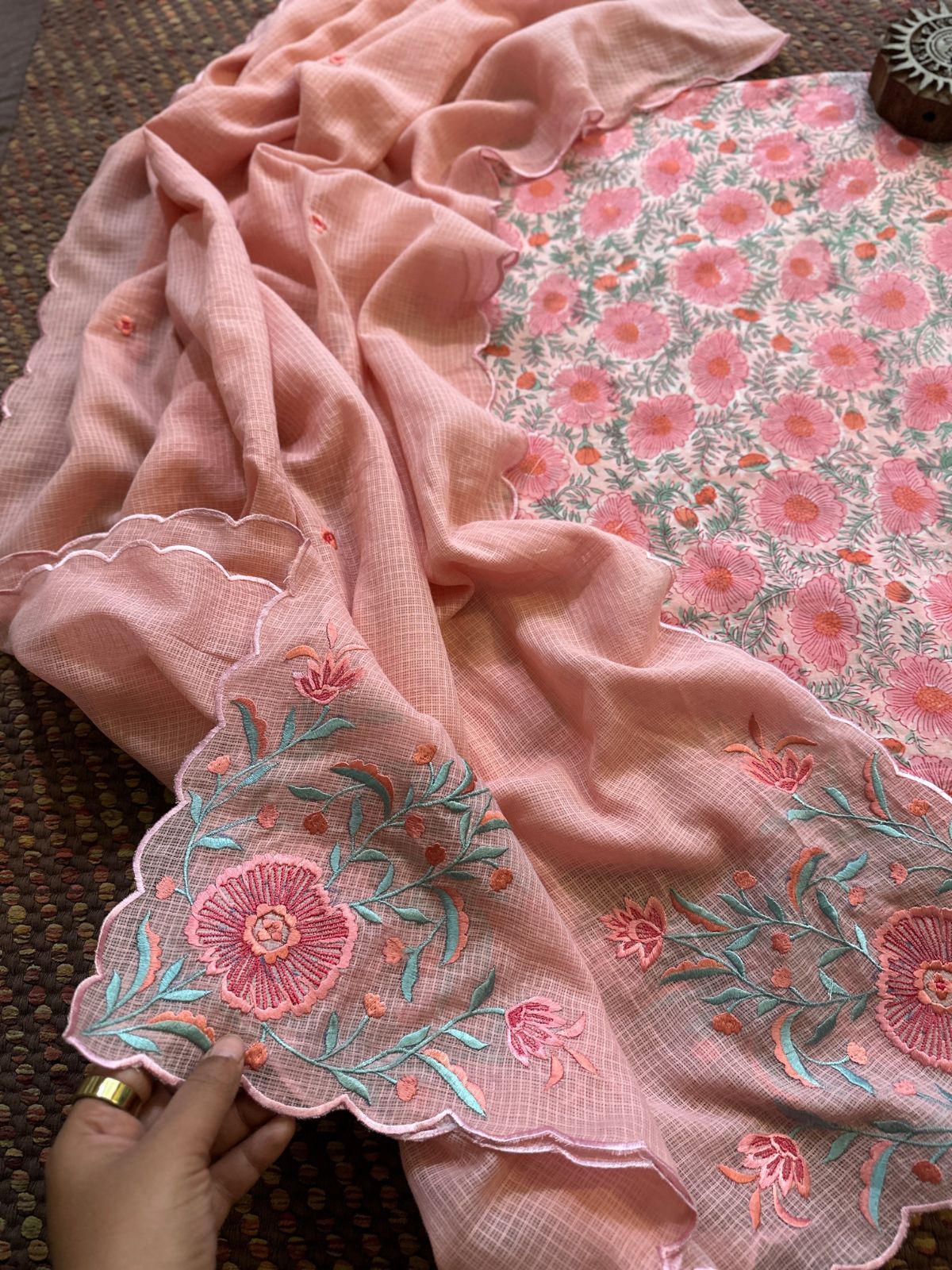 Pure Cotton Hand-blocked fabric set with Embroidered Dupatta