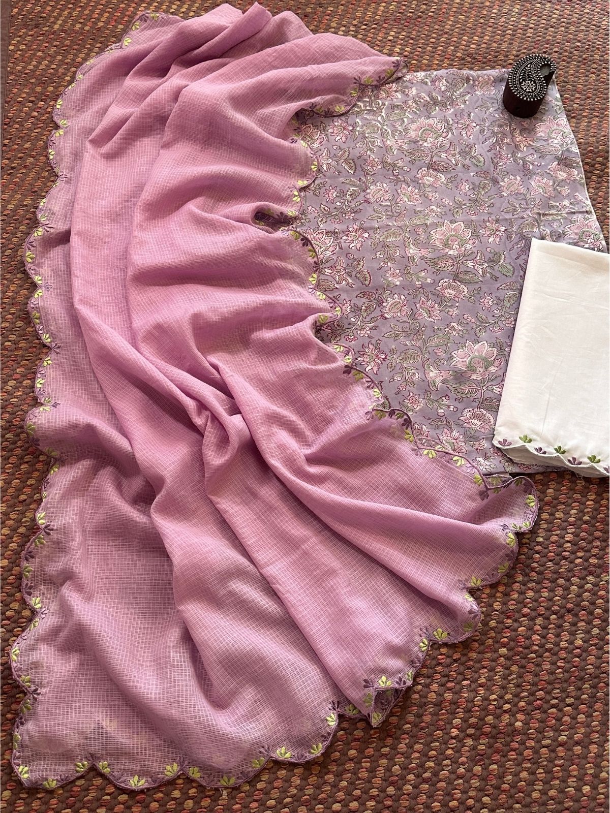 Pure Cotton Hand-block Fabric with Exclusive Embroidered Bottom & Kota Doria Dupatta