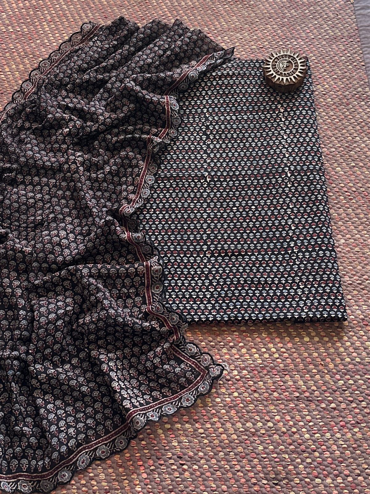 Ajrakh Cotton Malmal Handblocked Set- Top & Dupatta