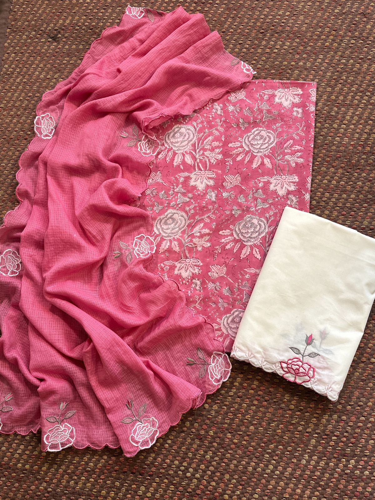 Pure Cotton Hand-block Fabric with Embroidered Bottom & Kota Doria Dupatta