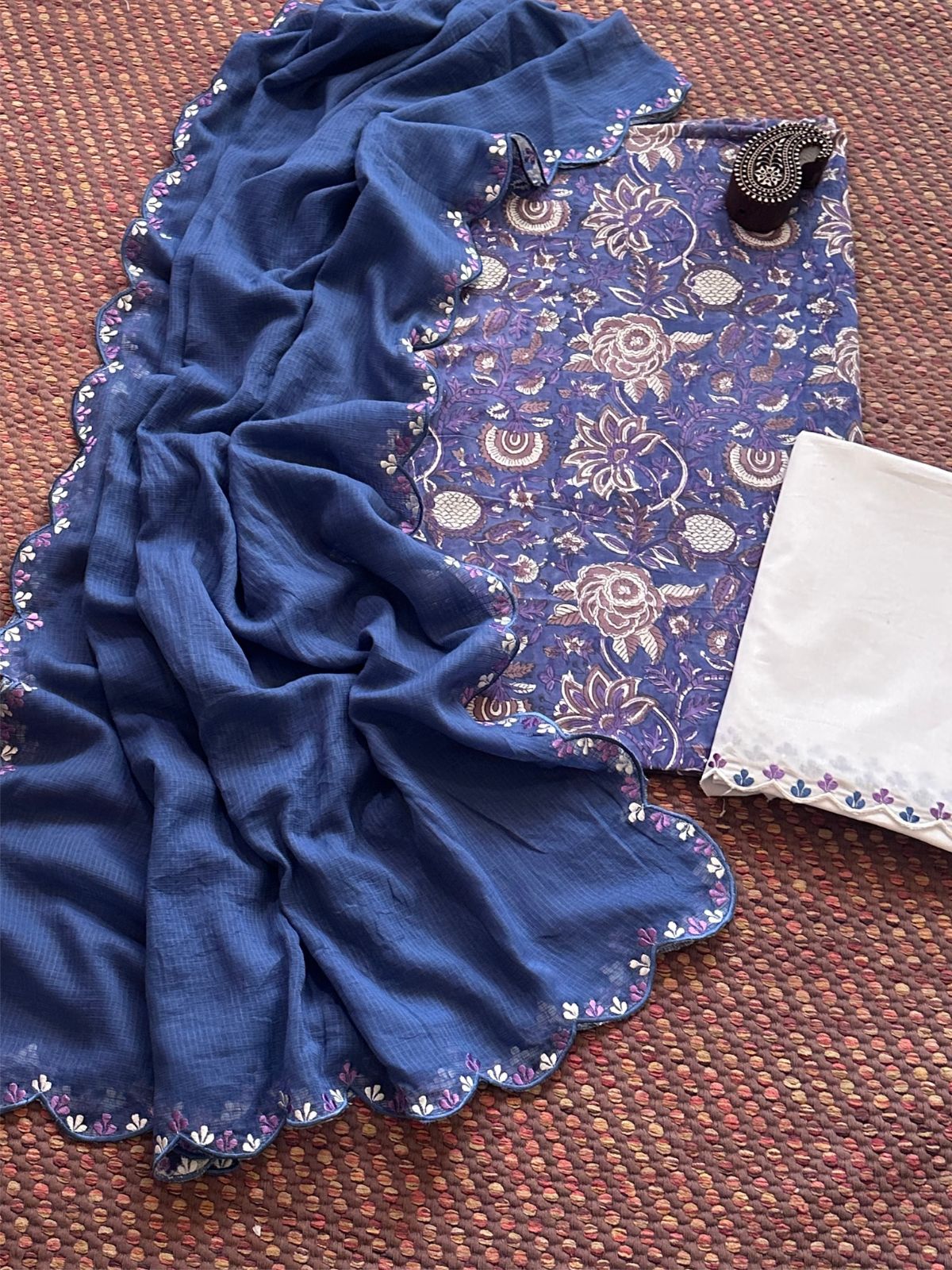 Pure Cotton Hand-block Fabric with Exclusive Embroidered Bottom & Kota Doria Dupatta