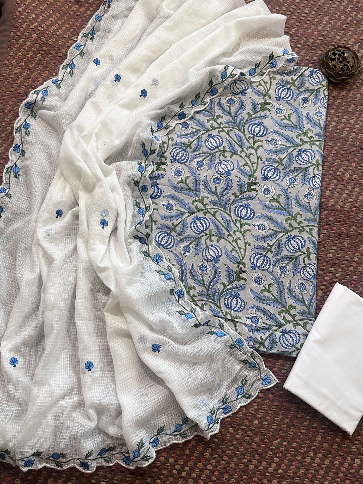 Pure Cotton Hand-blocked fabric set with Embroidered Dupatta