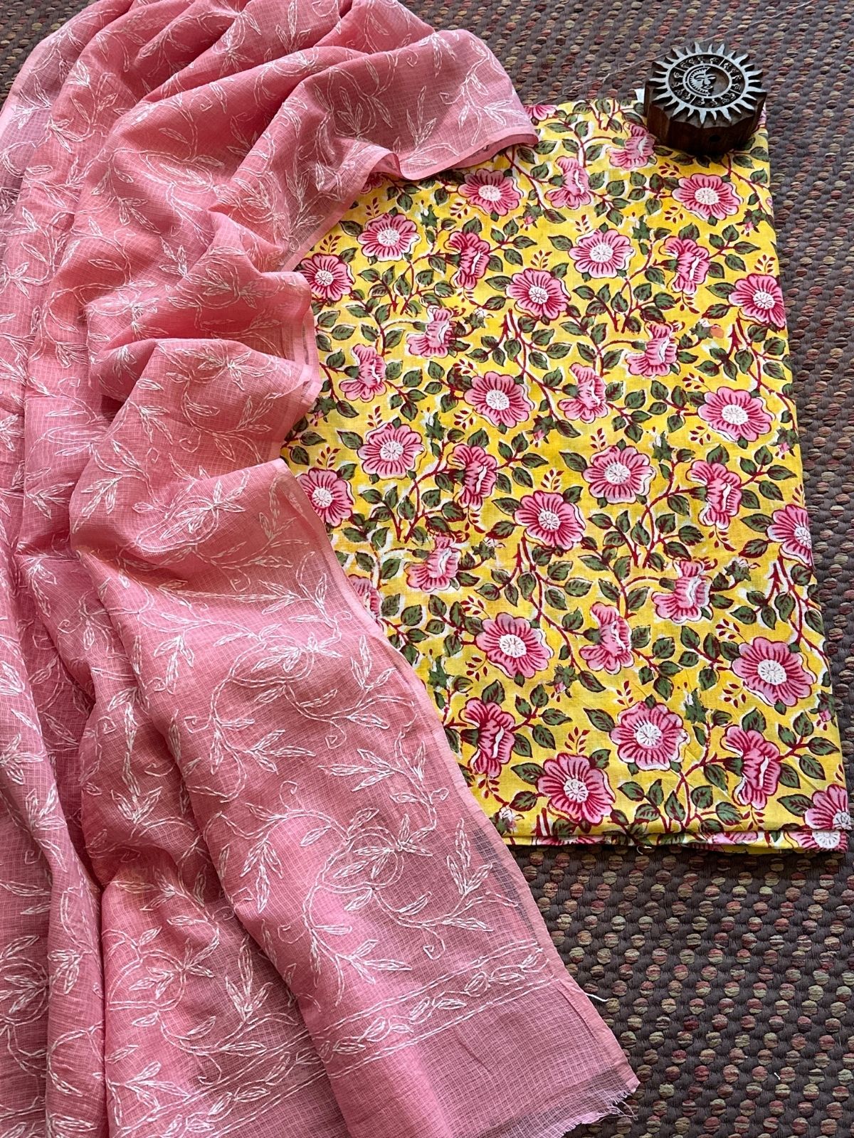 Pure Cotton Hand Blocked Fabric with Chikankari Dupatta