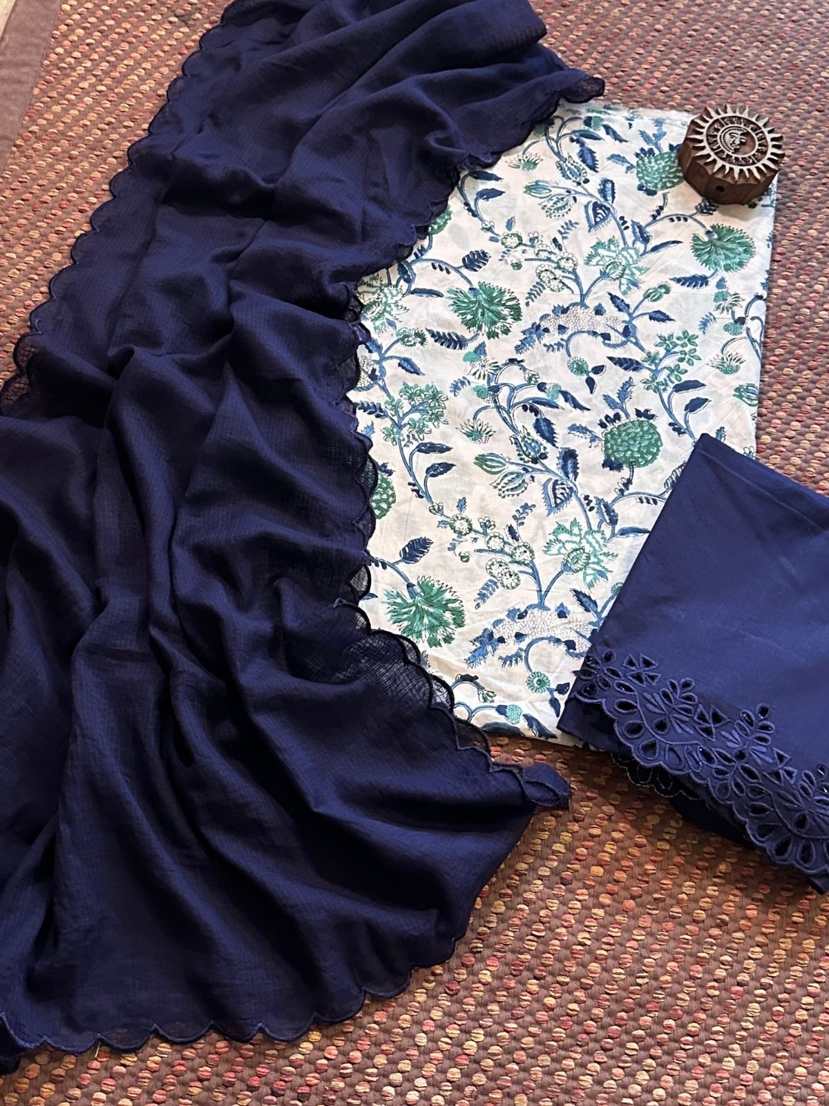 Pure Cotton Hand-blocked Fabric with Cutwork Bottom & Kota Doria Dupatta