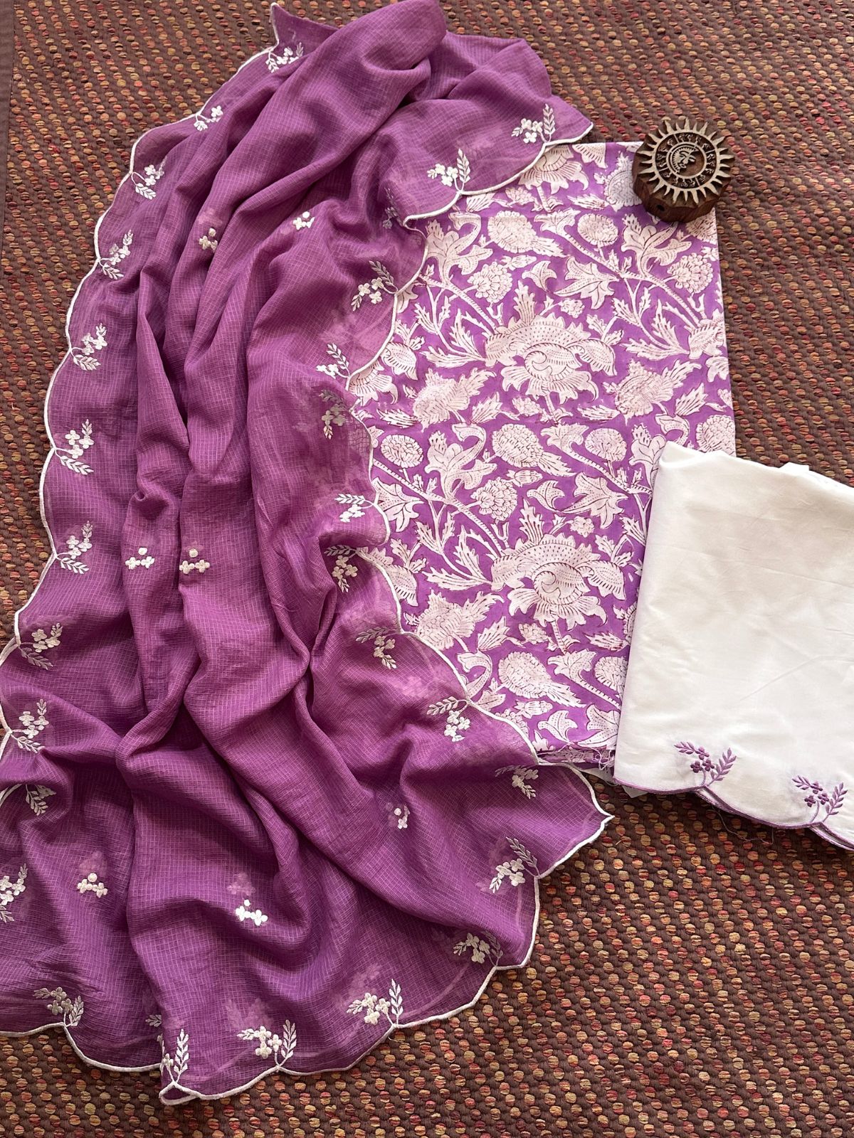 Pure Cotton Hand-block Fabric with Embroidered Bottom & Kota Doria Dupatta