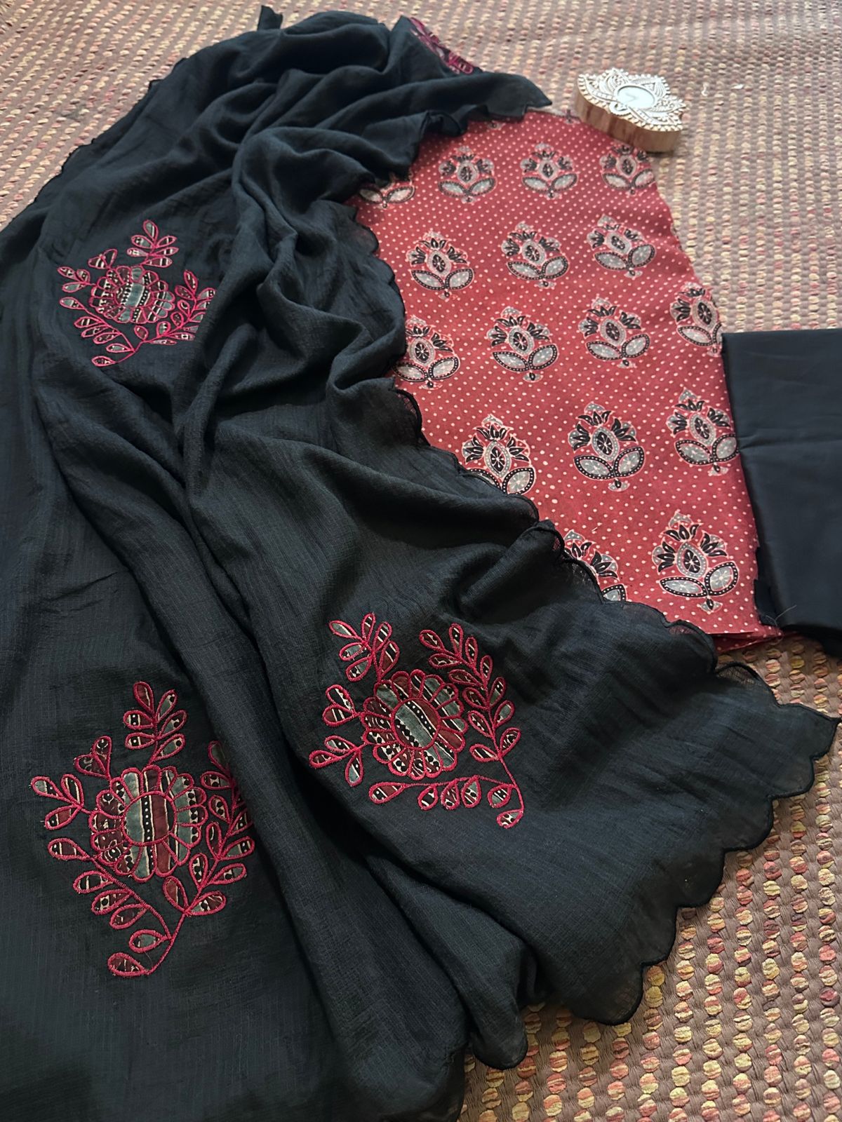 Ajrakh Cotton Malmal Unstitched Set with Applique Kota Dupatta