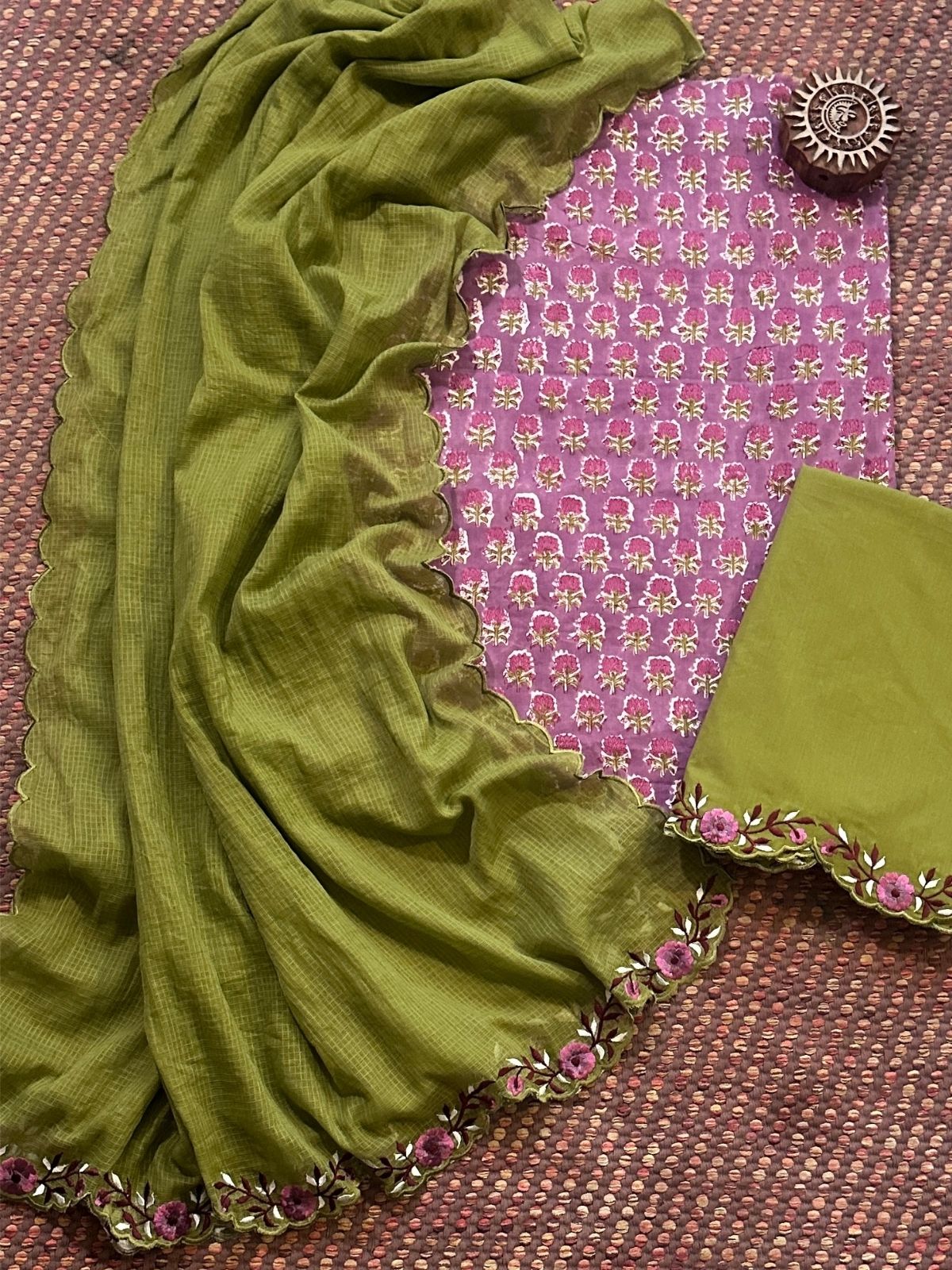 Pure Cotton Hand-block Fabric with Embroidered Bottom & Kota Doria Dupatta
