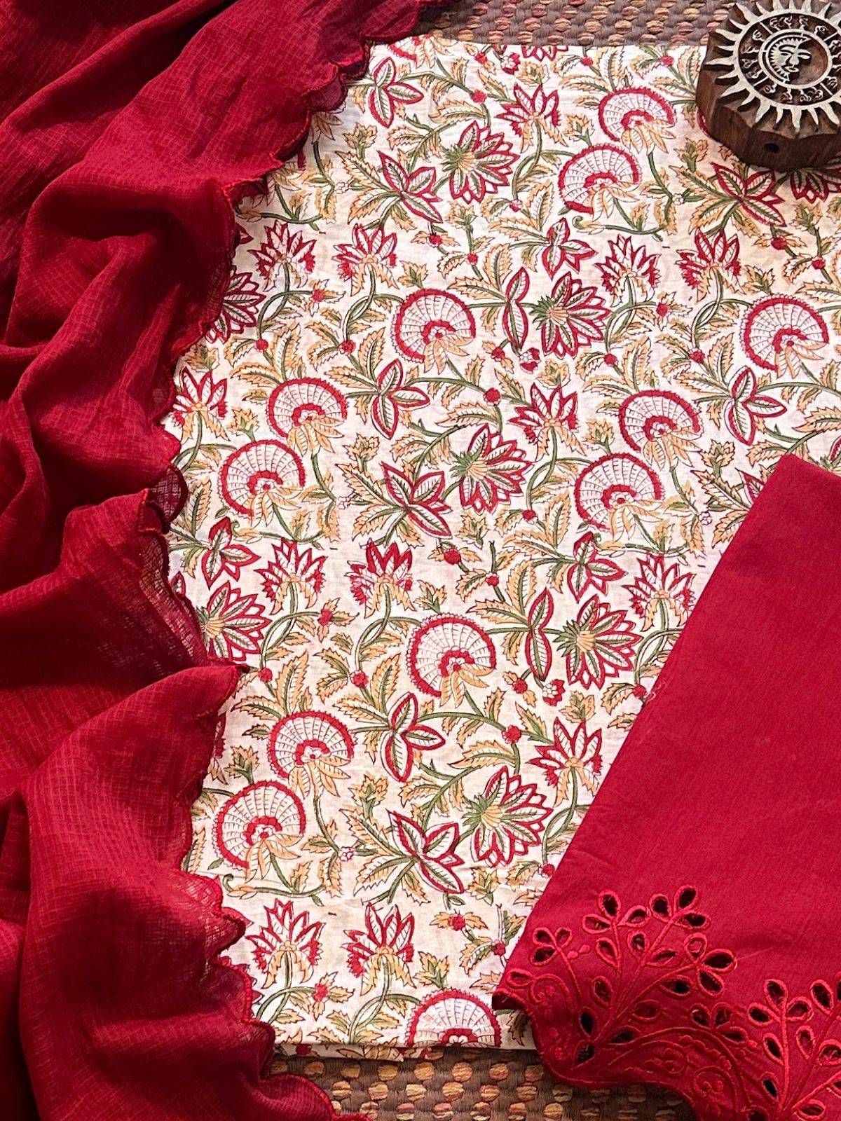 Pure Cotton Hand-blocked Fabric with Cutwork Bottom & Kota Doria Dupatta