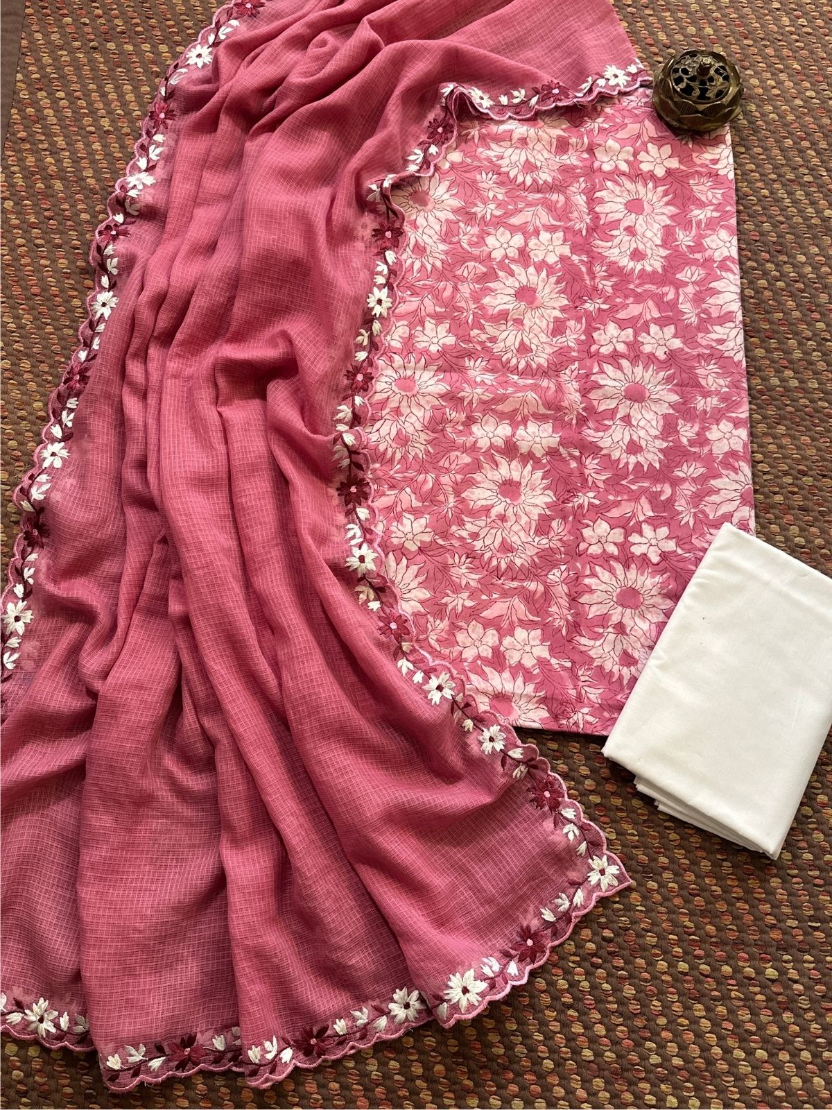 Pure Cotton Hand-blocked fabric set with Embroidered Dupatta