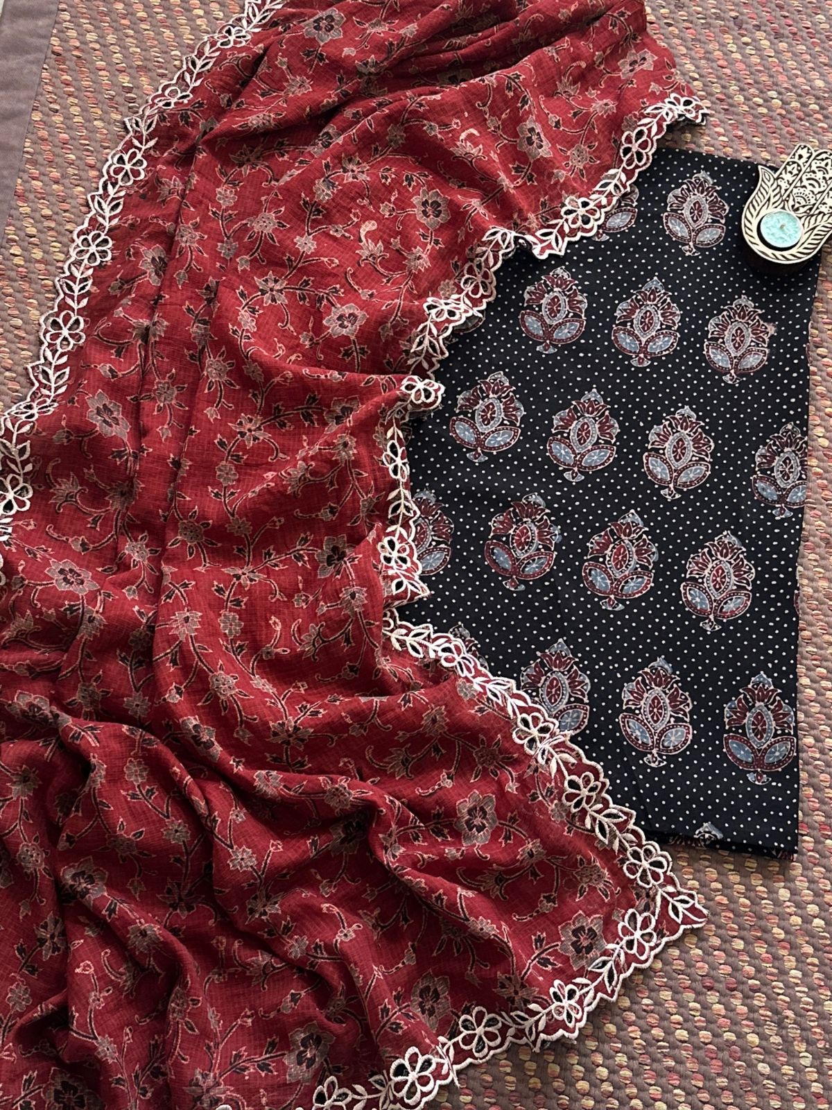 Pure Cotton Malmal Handblock Fabric in Ajrak with Cutwork Embroidered Dupatta