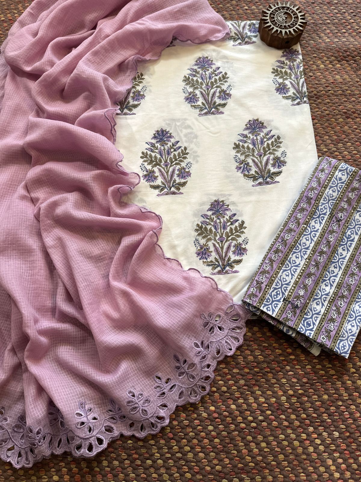 Pure Cotton Hand-block Fabric Set with Embroidered Kota Doria Dupatta