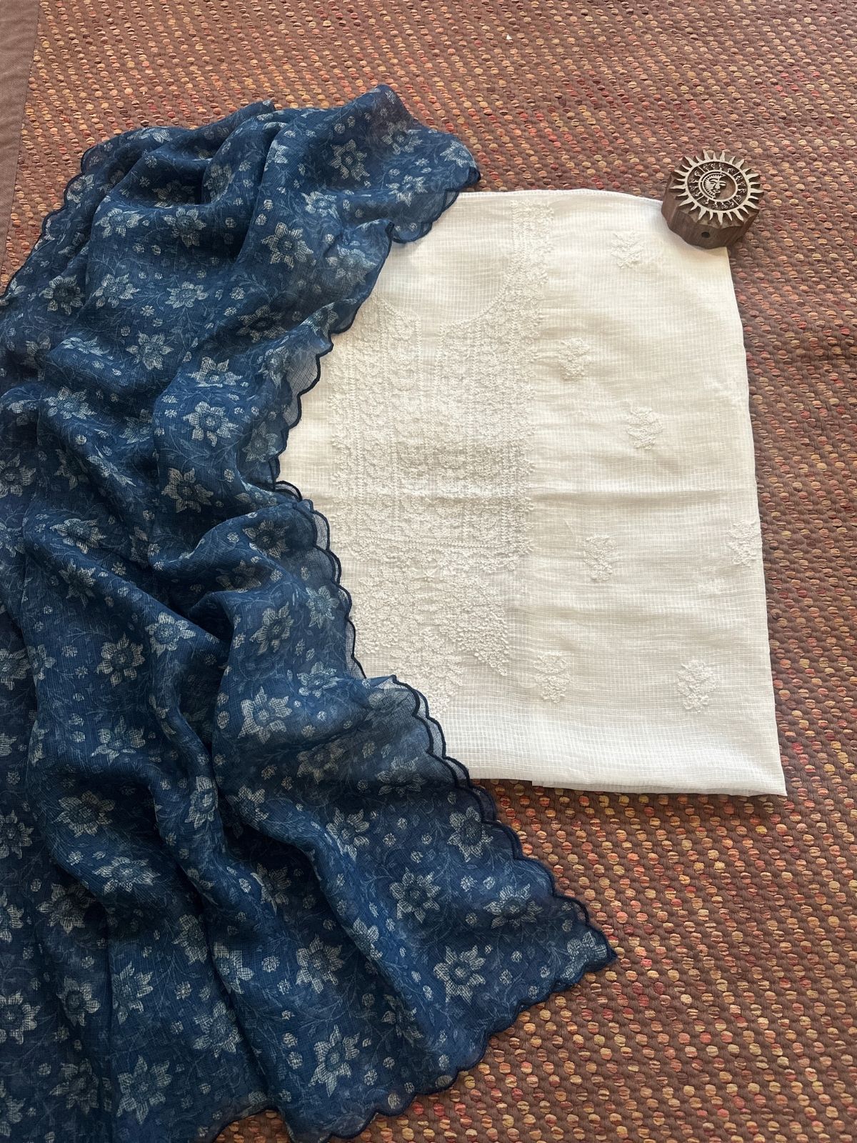 Chikankari Hand Embroidered Fabric with Indigo Hadblocked Kota Dupatta