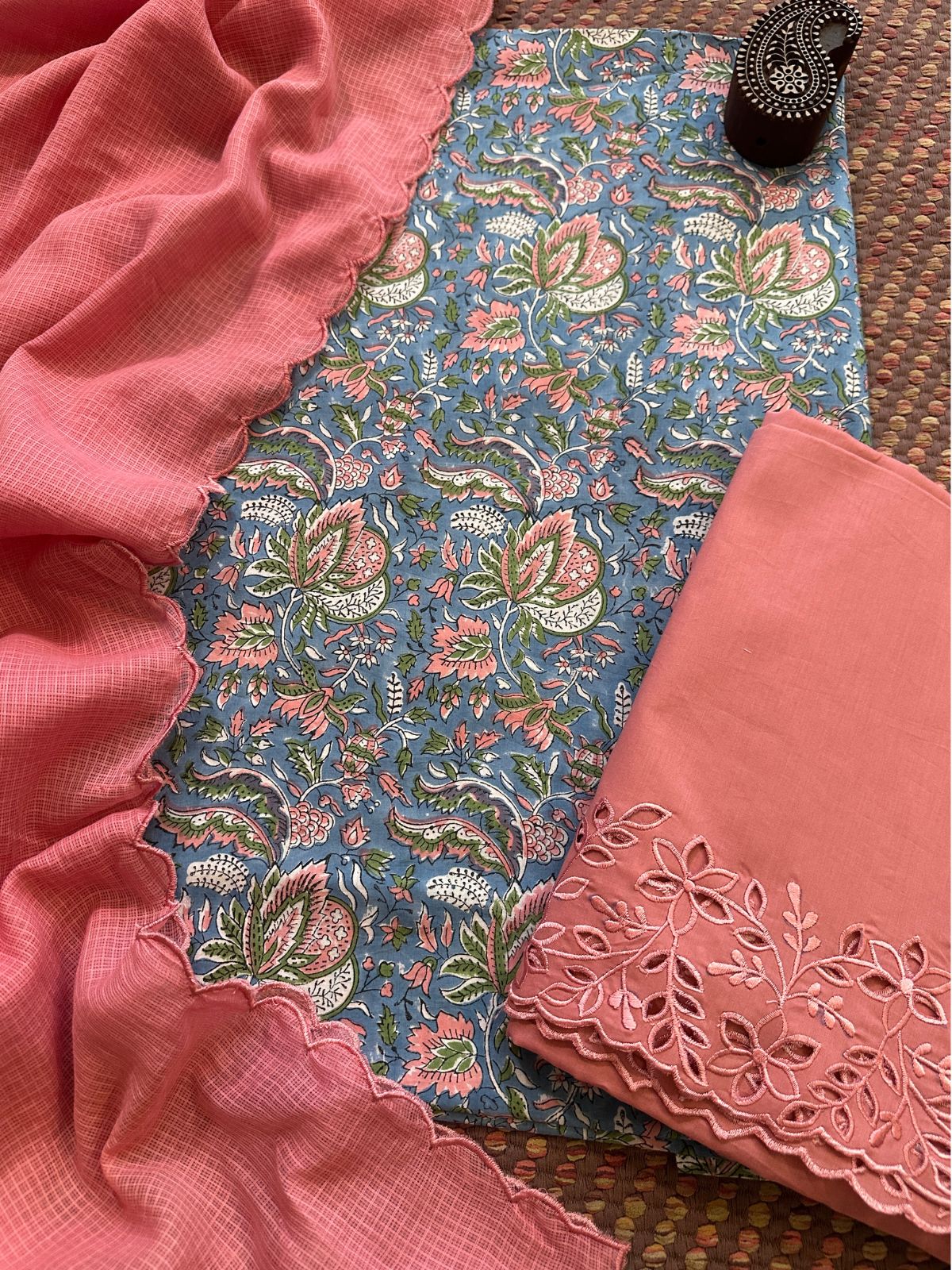 Pure Cotton Hand-blocked Fabric with Cutwork Bottom & Kota Doria Dupatta
