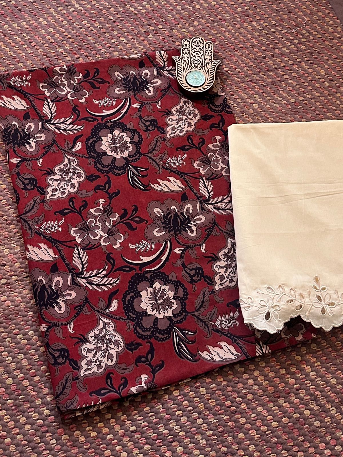 Pure Cotton Malmal Handblocked Fabric with Cutwork Bottom