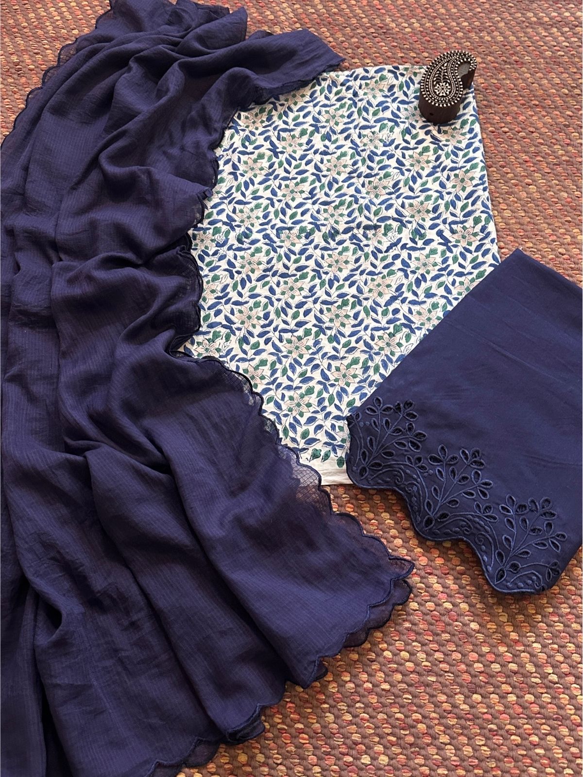 Pure Cotton Hand-blocked Fabric with Cutwork Bottom & Kota Doria Dupatta