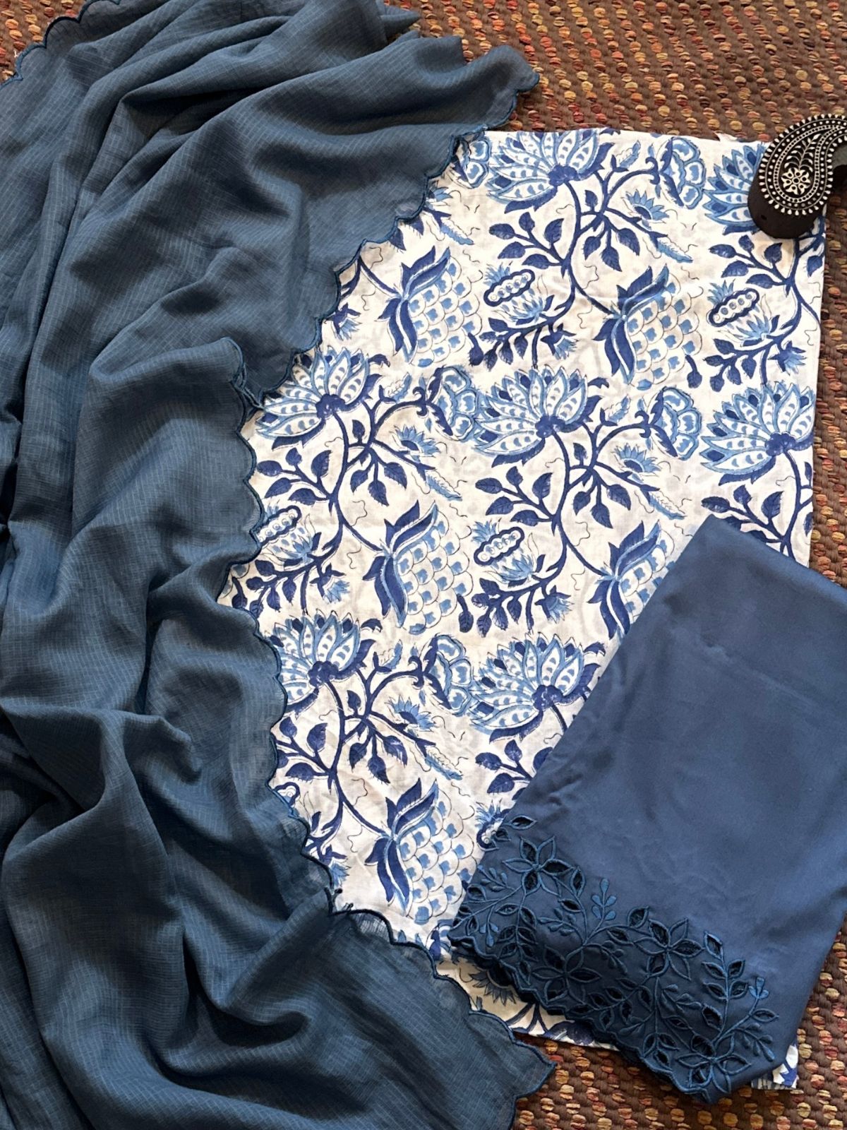 Pure Cotton Hand-blocked Fabric with Cutwork Bottom & Kota Doria Dupatta