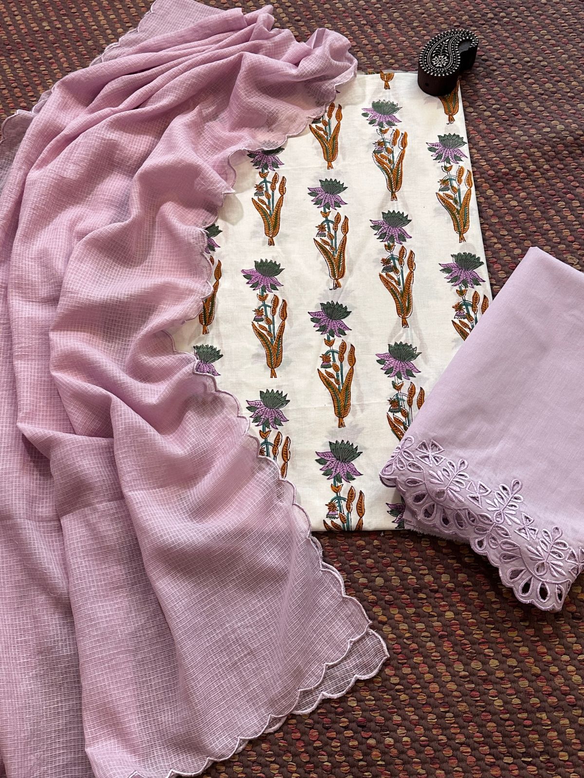 Pure Cotton Malmal Hand-blocked Fabric with Cutwork Bottom & Kota Doria Dupatta