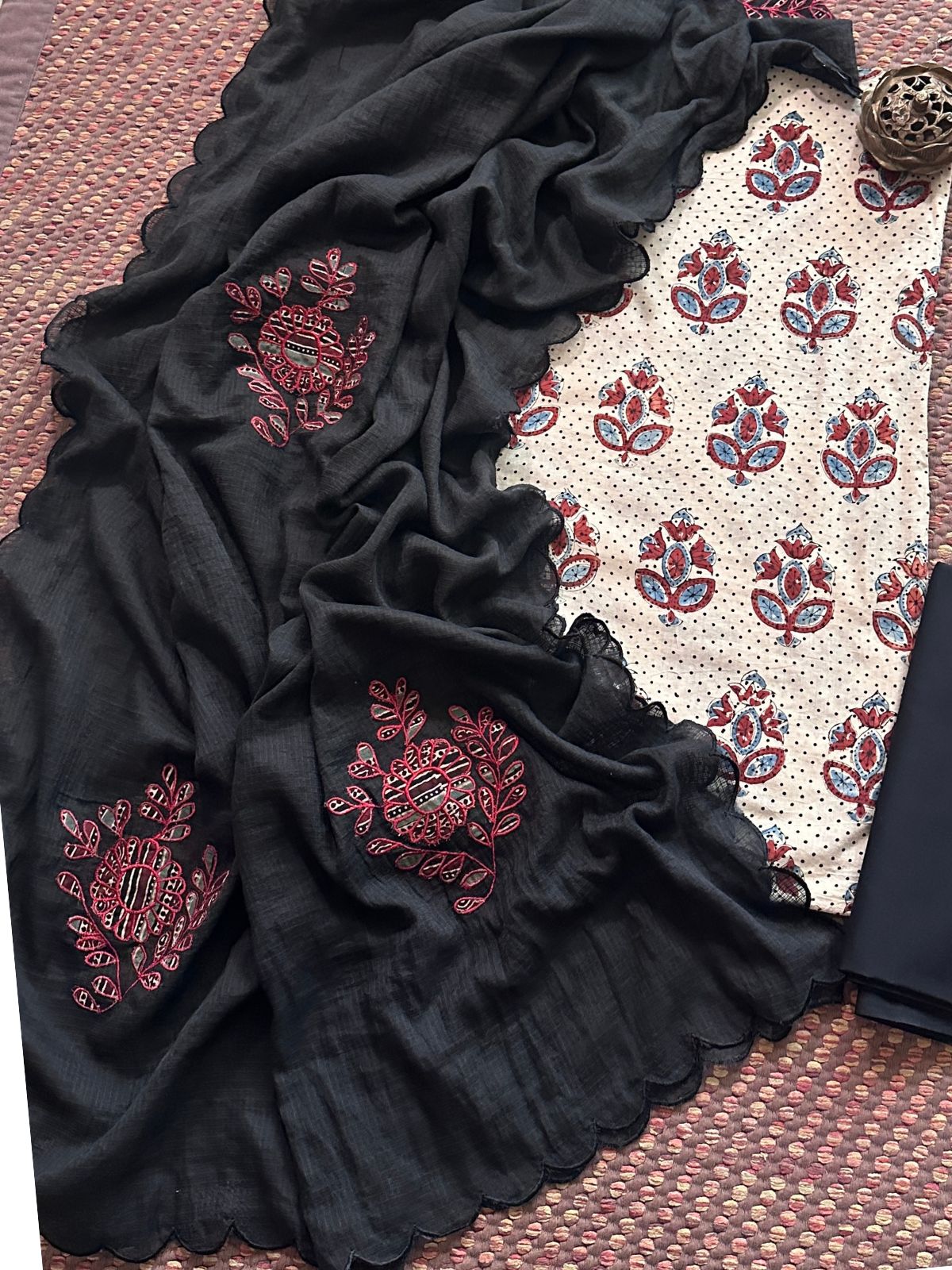Ajrakh Cotton Malmal Unstitched Set with Applique Kota Dupatta