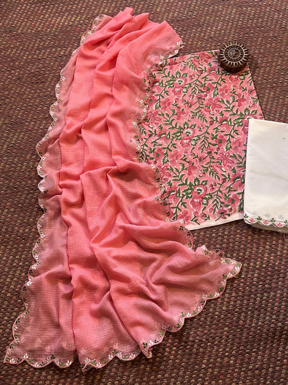 Pure Cotton Hand blocked Set with Embroidered Dupatta