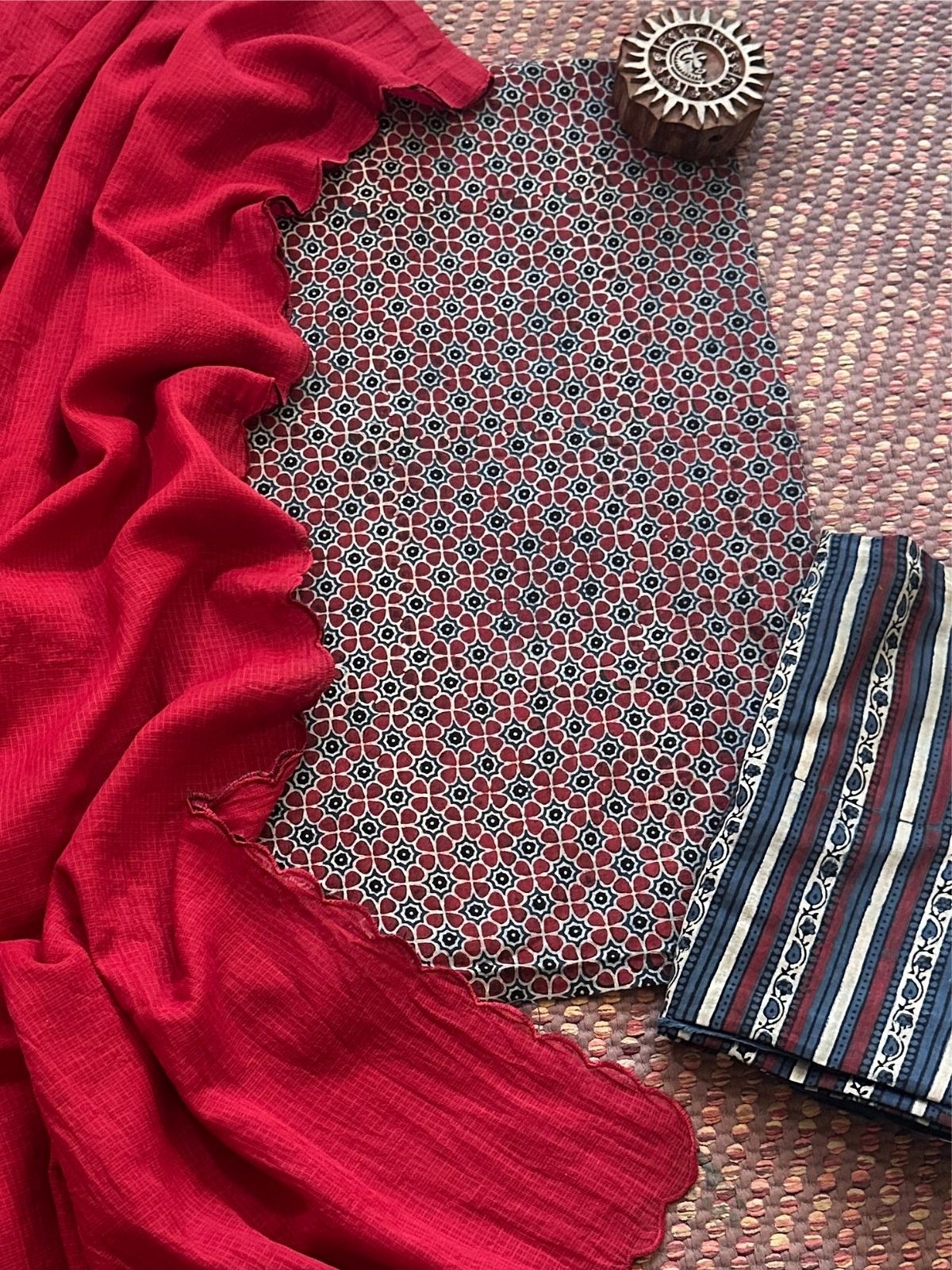 Ajrakh Handblocked Pure Cotton Malmal  Set & Kota Doria Dupatta