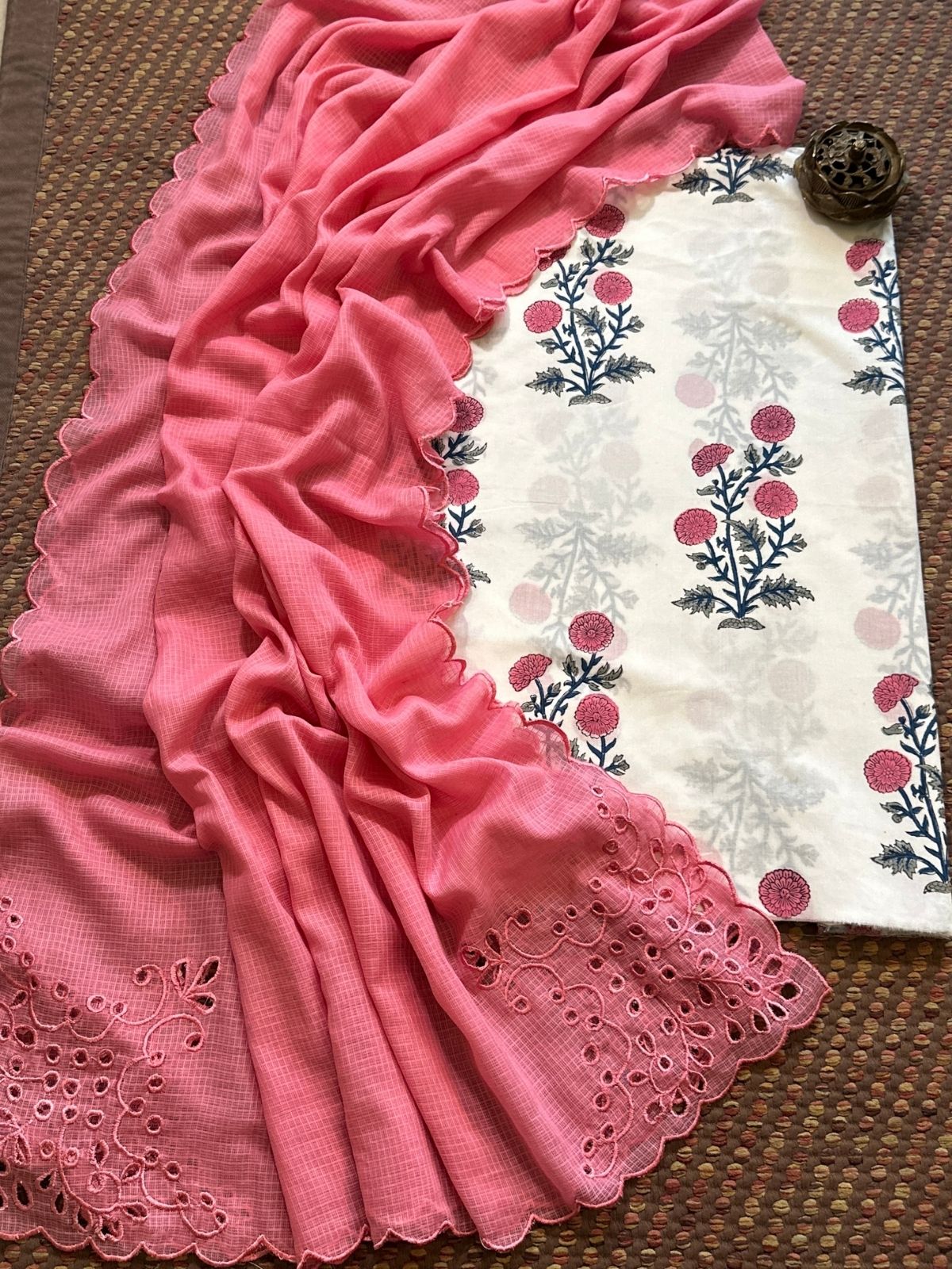 Pure Cotton Hand-blocked Fabric Set with Cutwork Kota Doria Dupatta