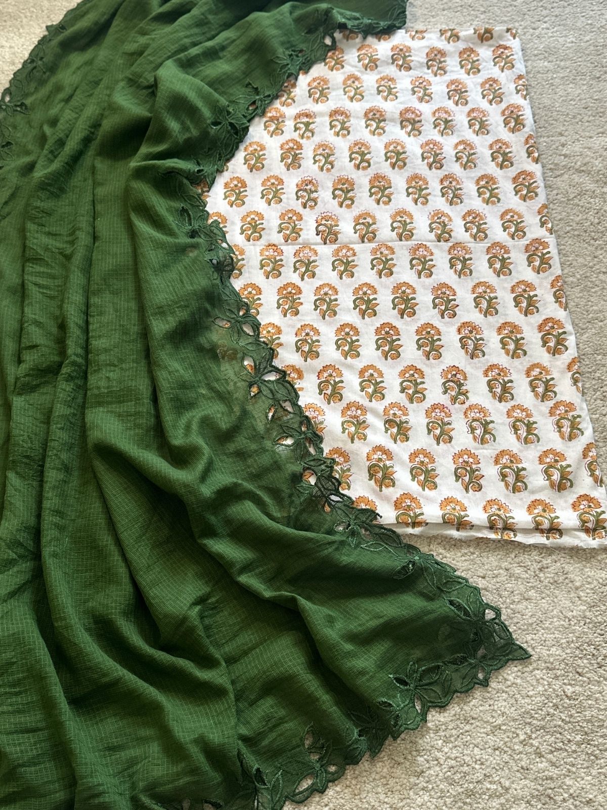 Dhara Set- Handblock Fabric with Cutwork Embroidered Dupatta
