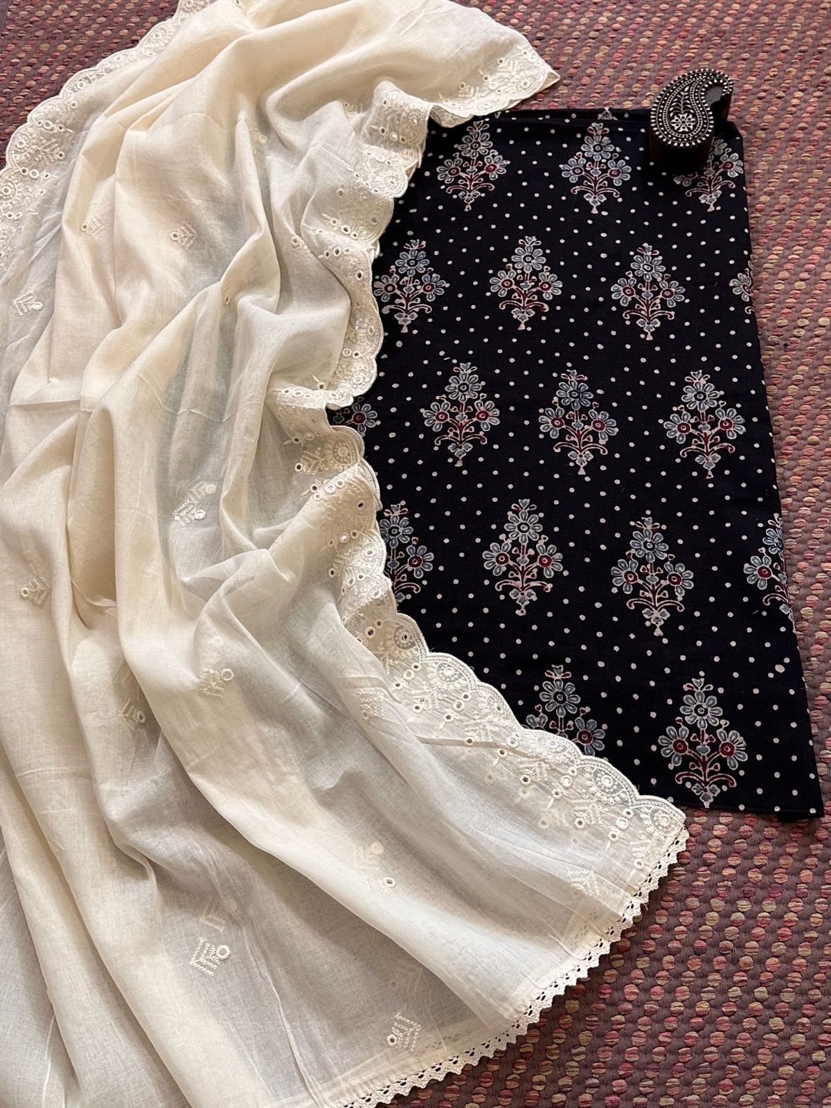 Ajrakh handblocked pure cotton mamal fabric with soft cotton Dupatta