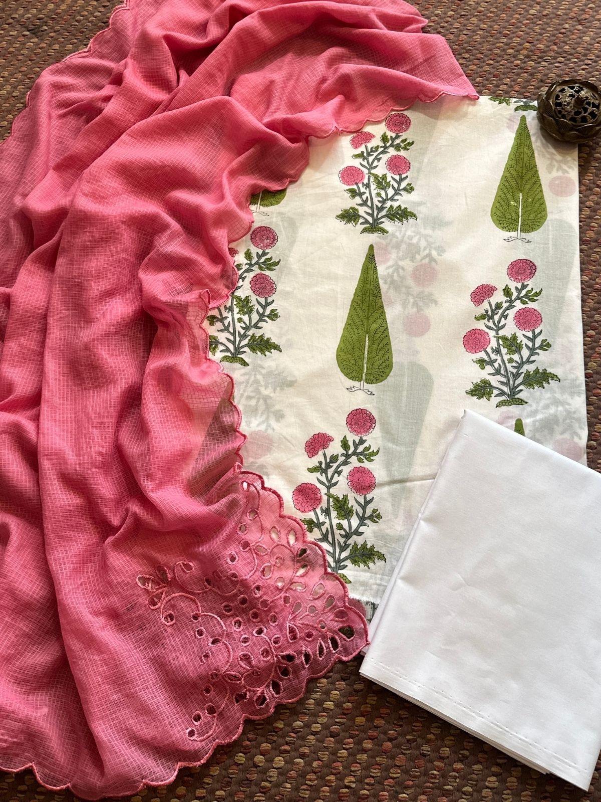 Pure Cotton Hand-blocked Fabric Set with Cutwork Kota Doria Dupatta