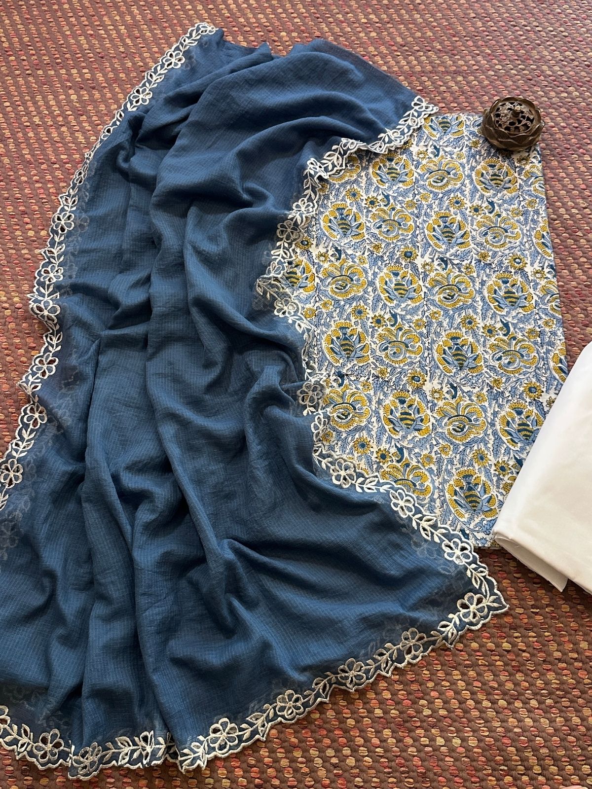 Pure Cotton Malmal Hand-block Fabric set with Cutwork Embroidered Kota Doria Dupatta