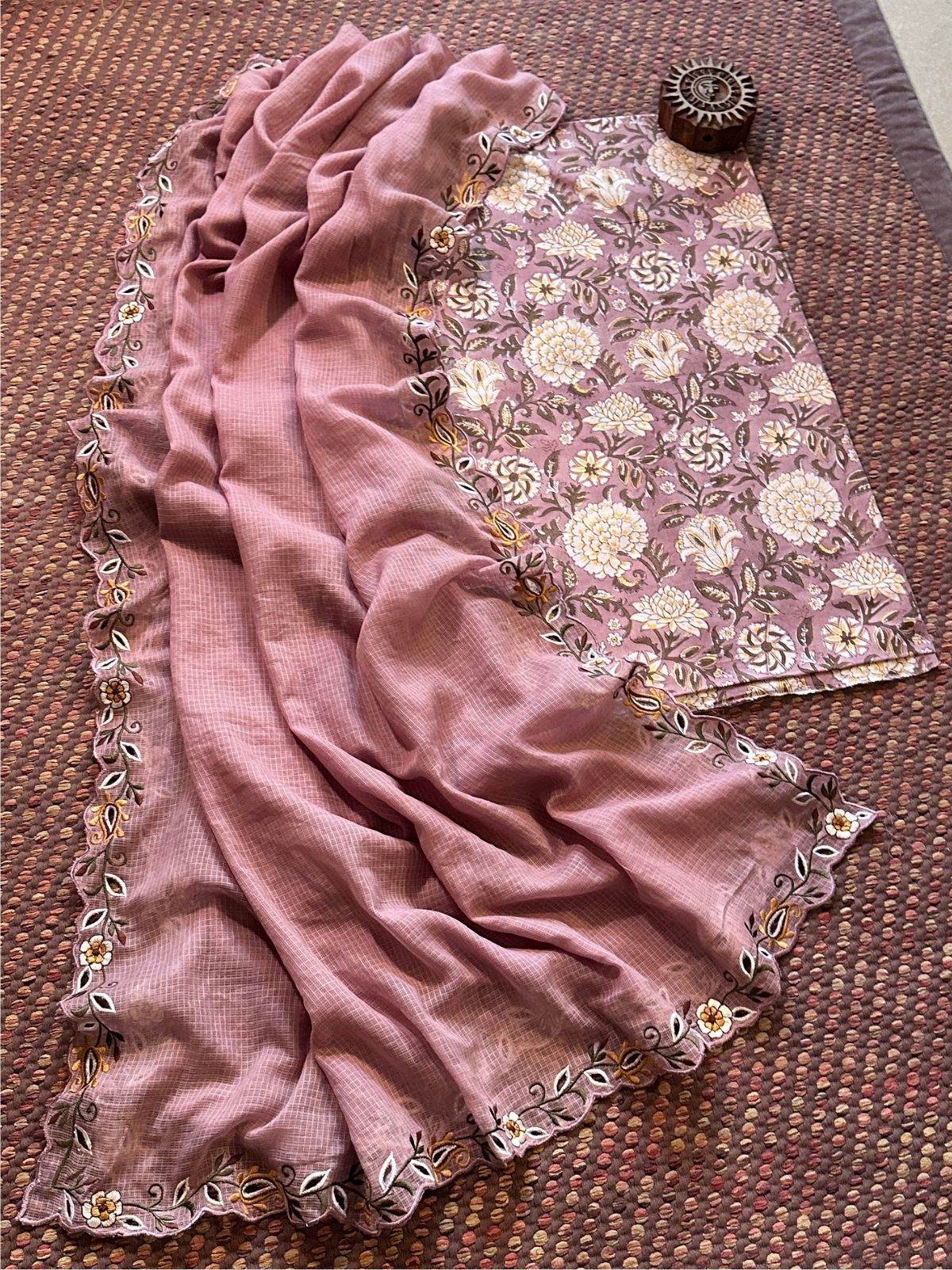 Pure Cotton Handblock Fabric with Cutwork Embroidered Dupatta