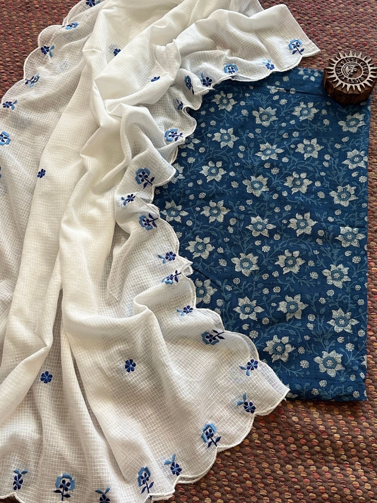 Pure Cotton Indigo Hand-block Fabric with Exclusive Embroidered Kota Doria Dupatta