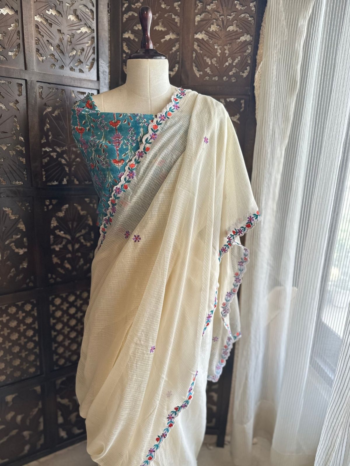 Kota Doria Embroidered Saree with Hand Block Blouse fabric