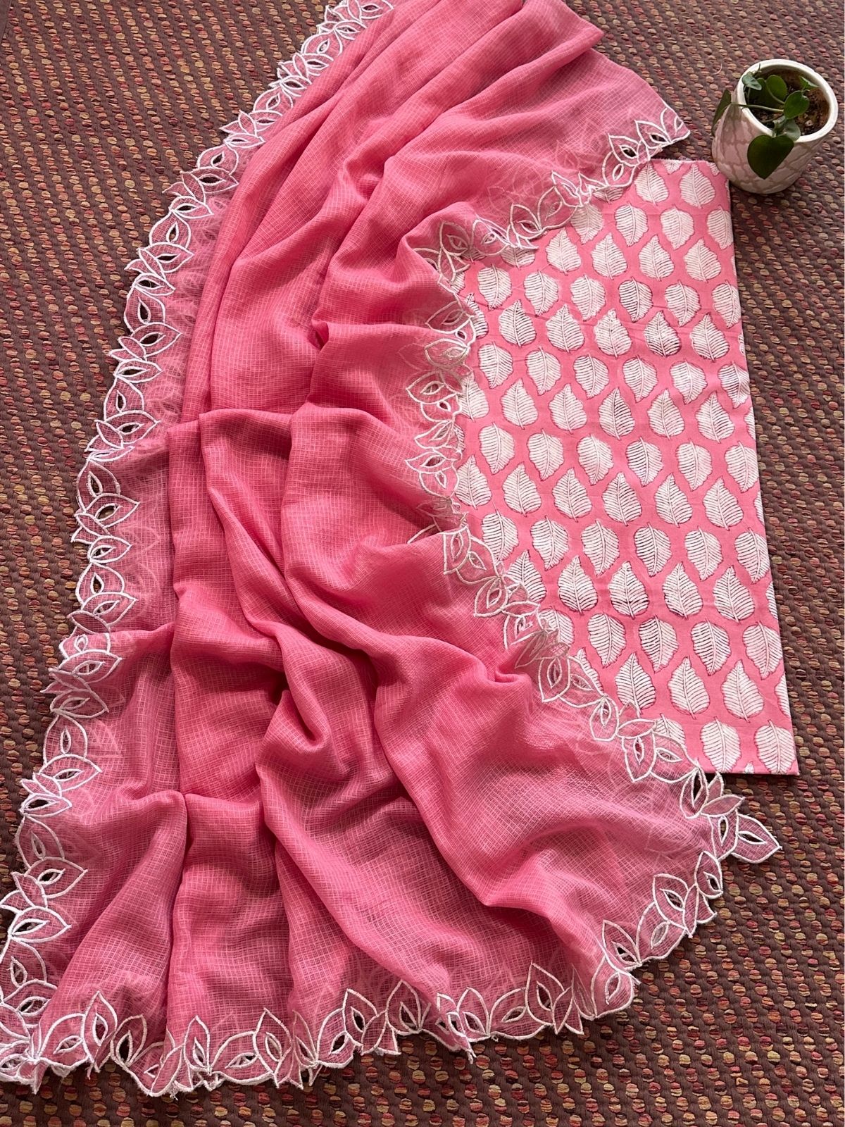 Pure Cotton Handblock Fabric with Cutwork Embroidered Dupatta