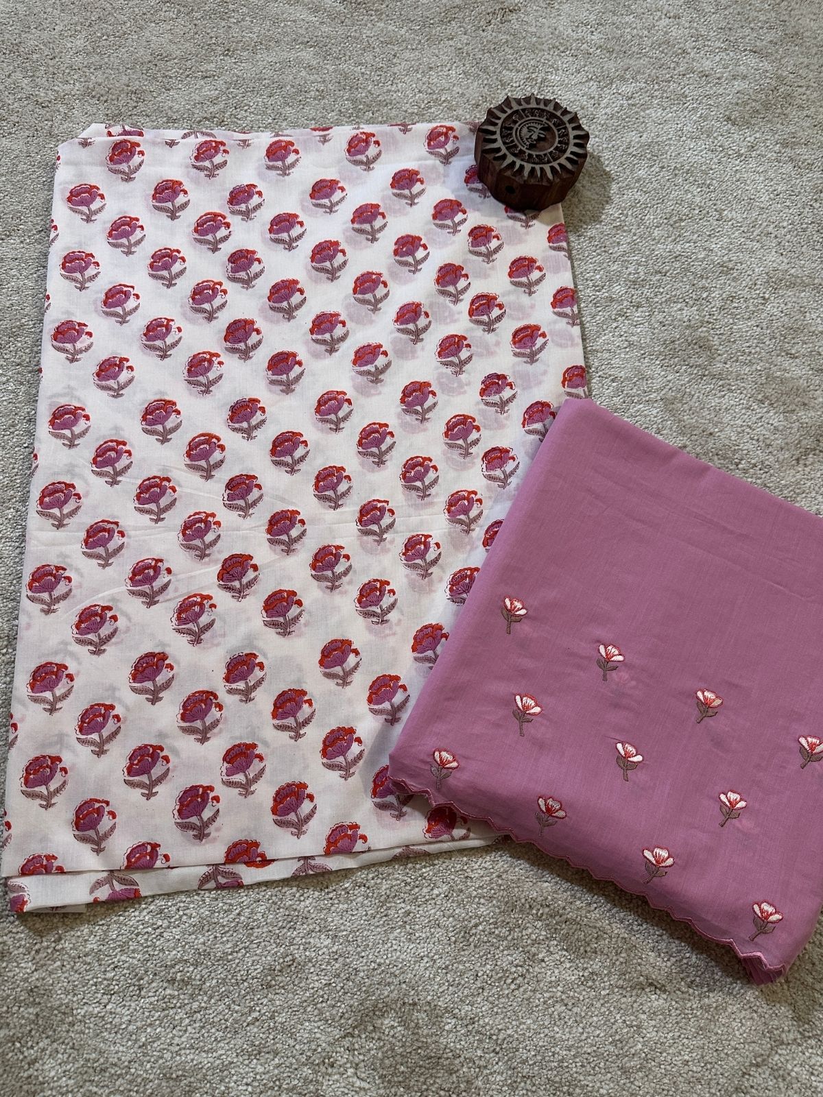 Pure Cotton Hand-blocked Fabric with Embroidered Bottom