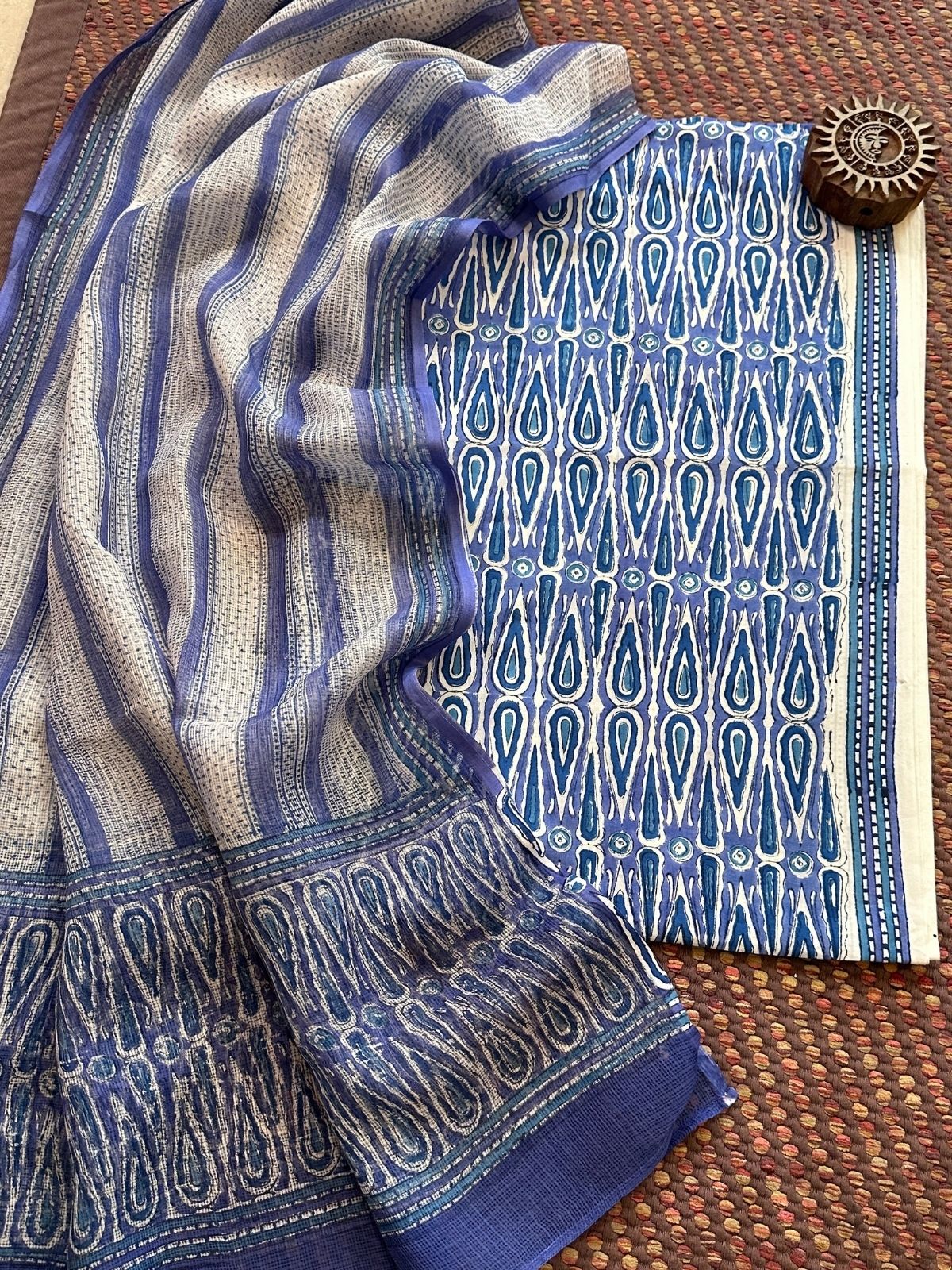 Pure Handblcoked Cotton Unstitched Set with Handblocked Kota Dupatta