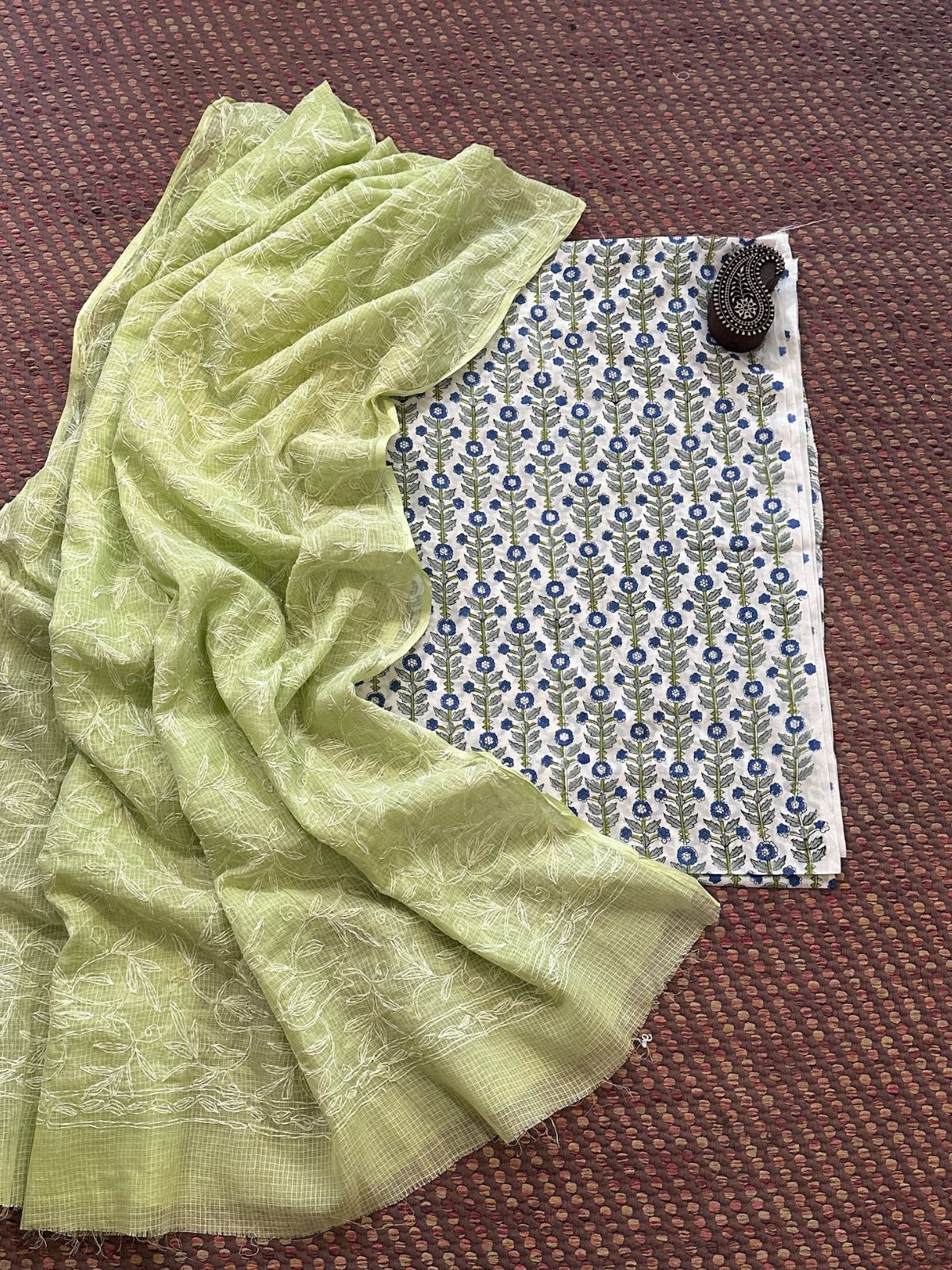 Pure Cotton Hand Blocked Fabric with Chikankari Dupatta