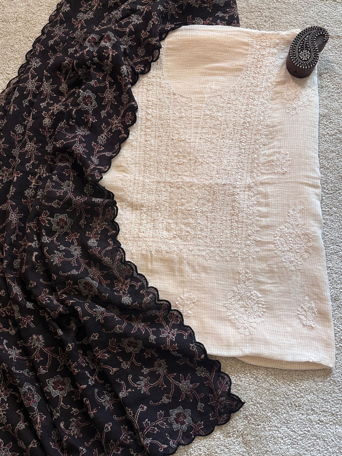 Chikankari Hand Embroidered Fabric with Ajrak Hadblocked Kota Dupatta