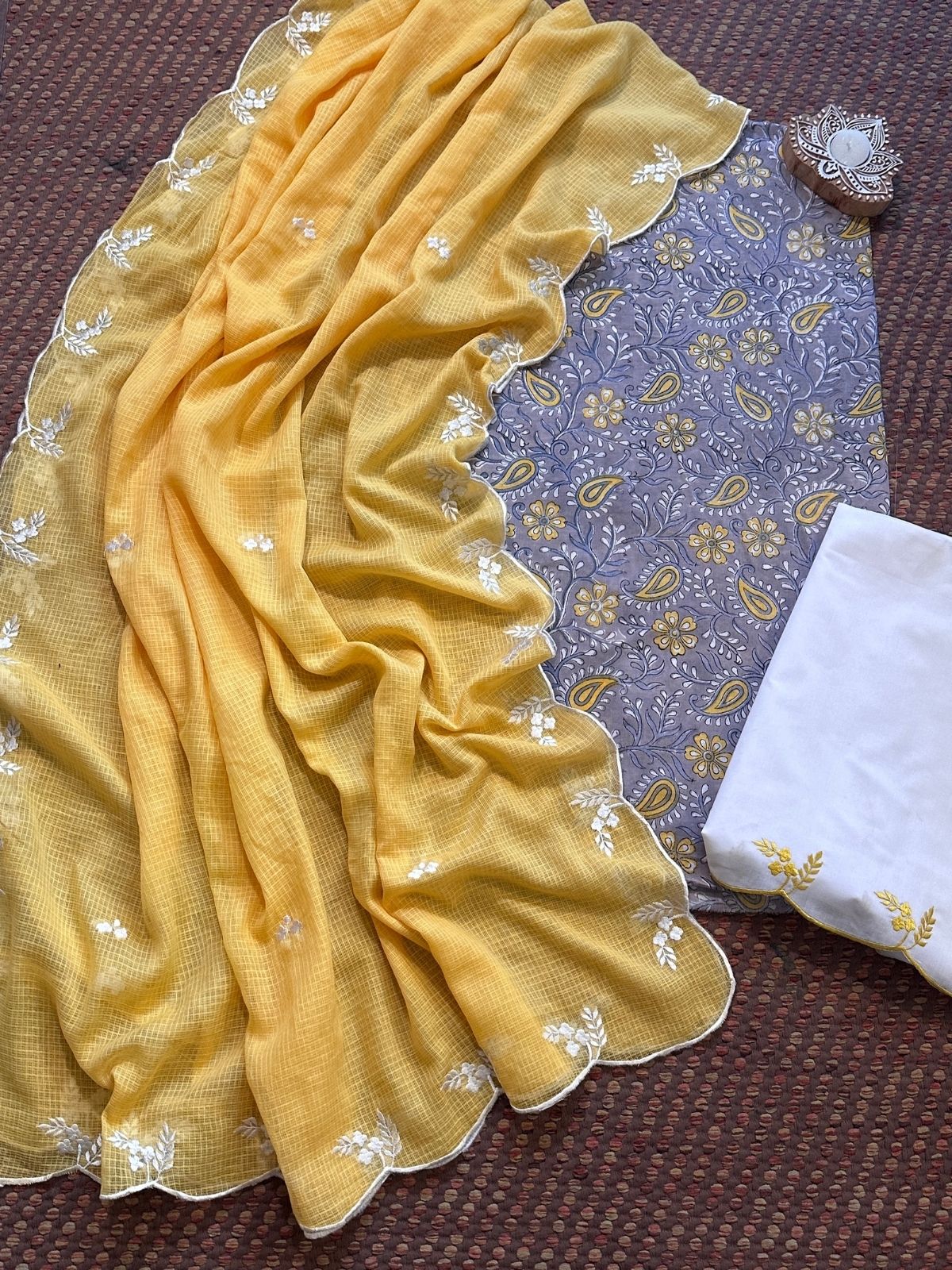 Pure Cotton Hand-block Fabric with Embroidered Bottom & Kota Doria Dupatta