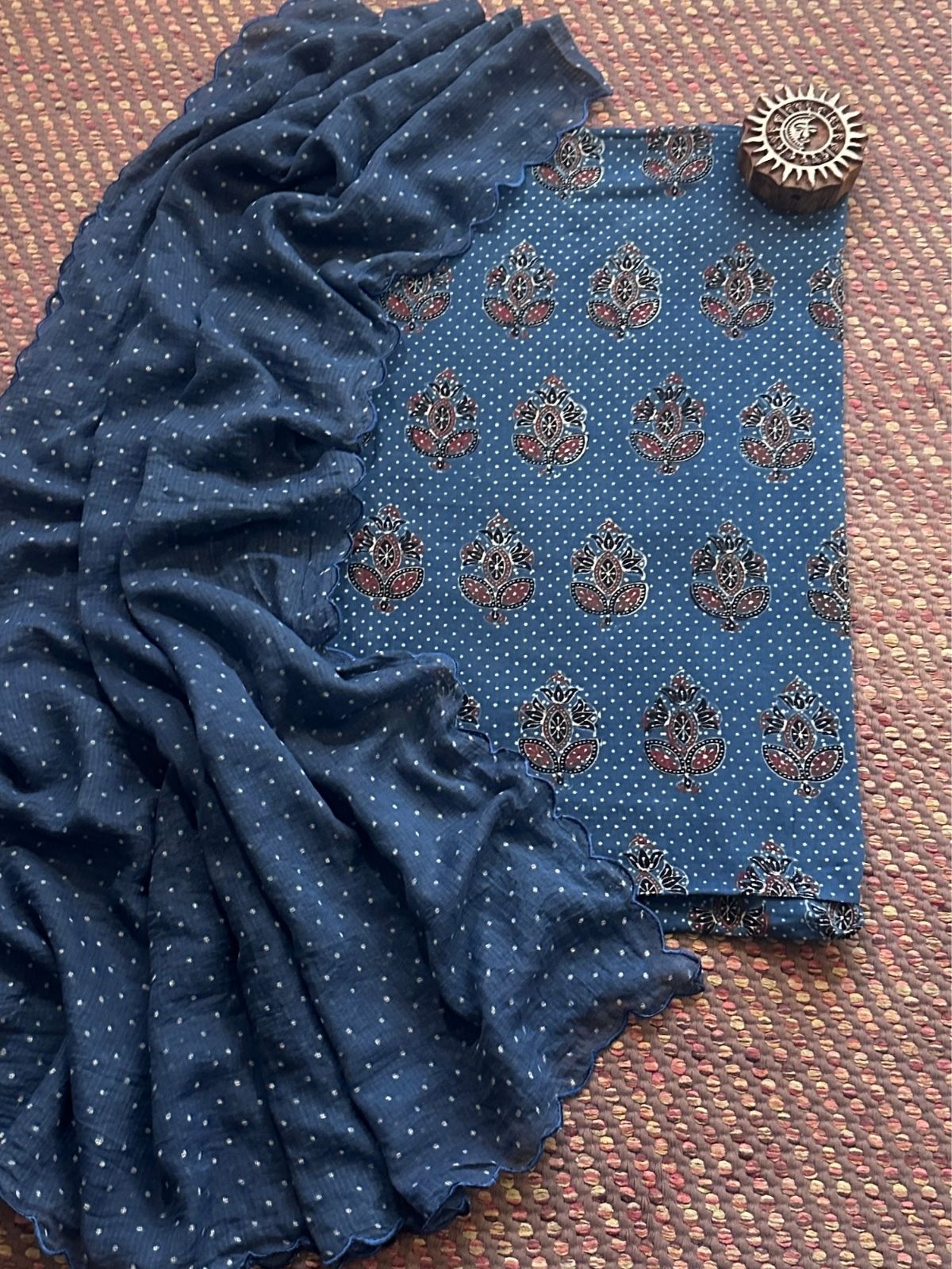 Ajrakh Cotton Malmal Handblocked Set- Top & Dupatta
