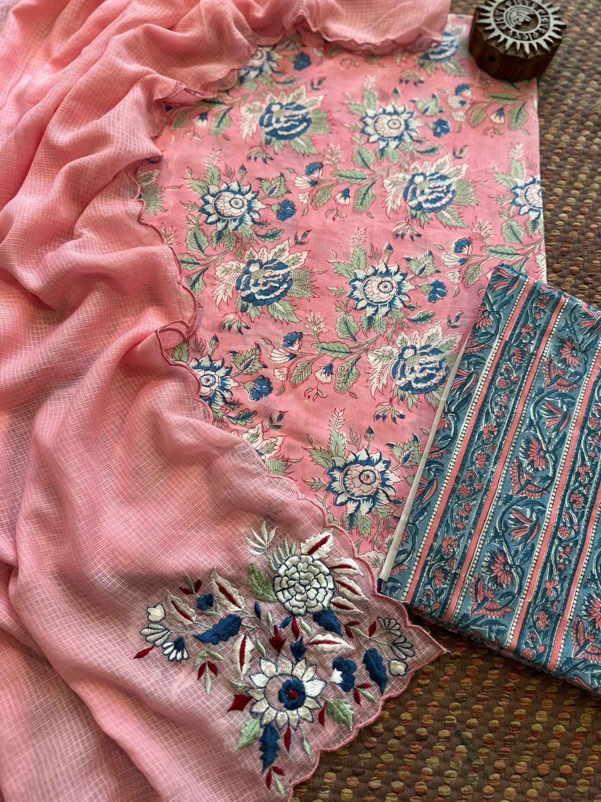 Pure Cotton Handblock Fabric with Embroidered Dupatta