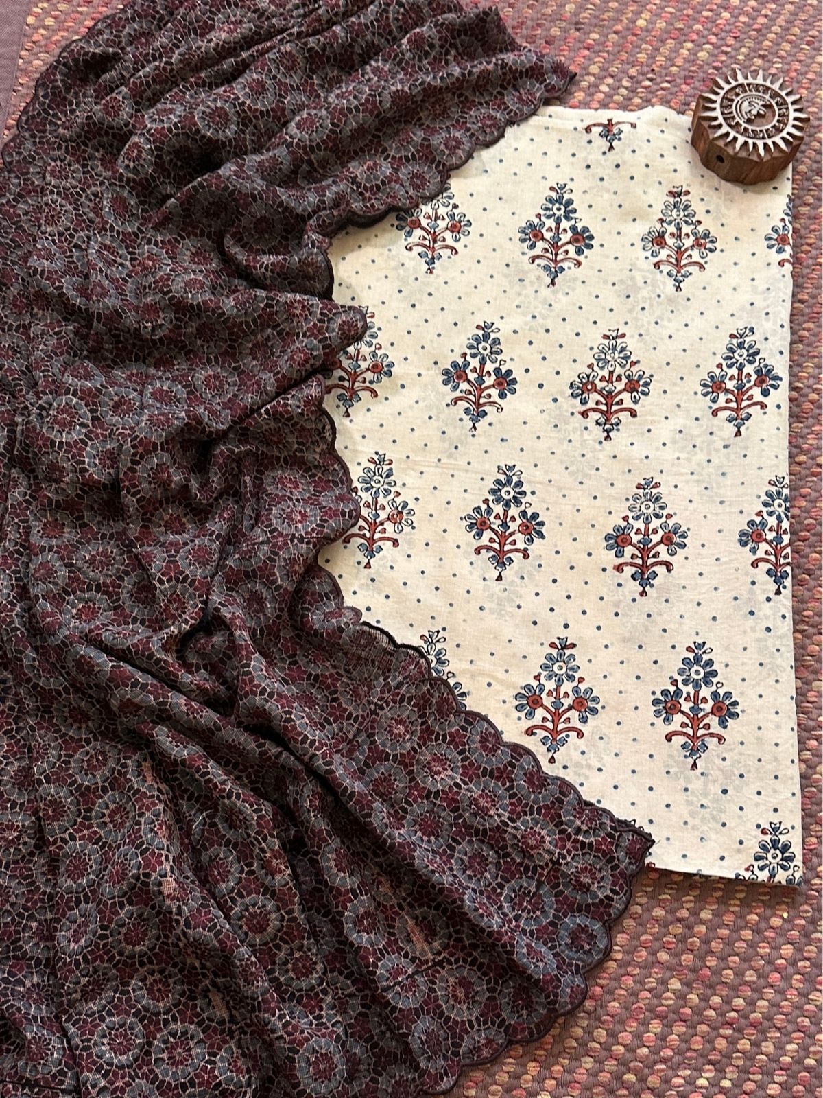 Ajrakh Cotton Malmal Handblocked Set- Top & Dupatta