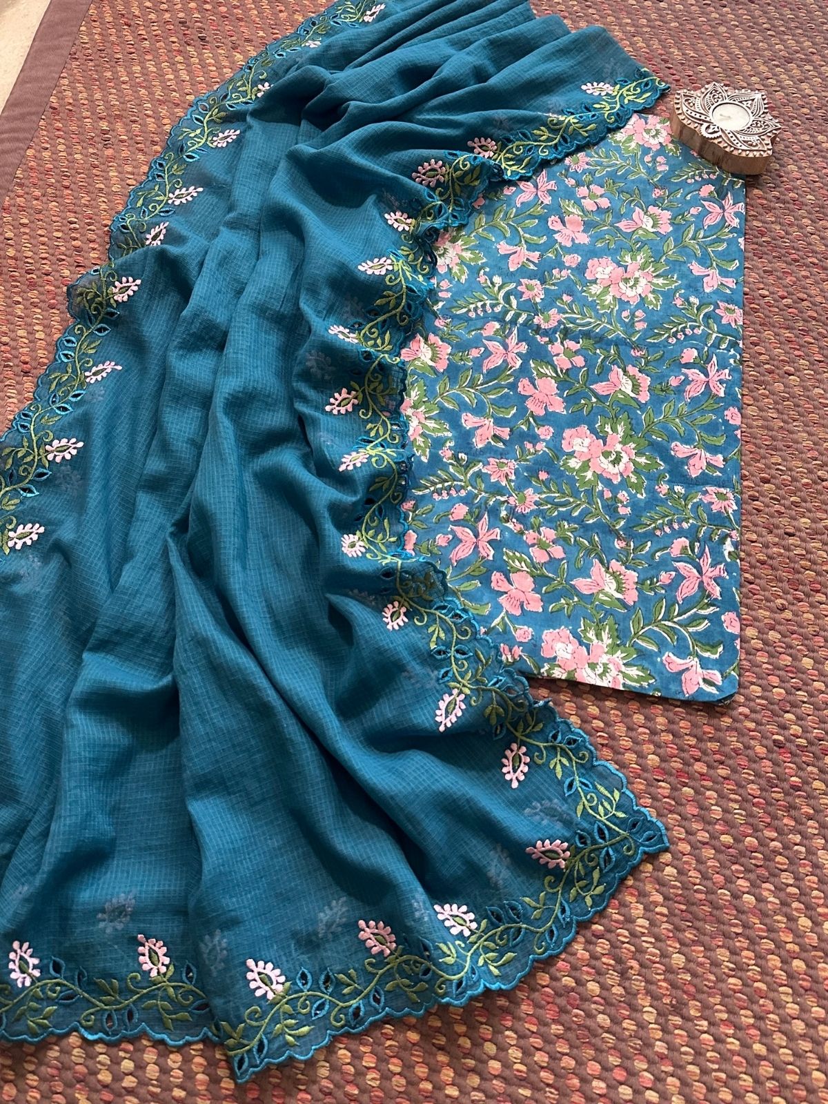 Pure Cotton Handblock Fabric with Cutwork Embroidered Dupatta