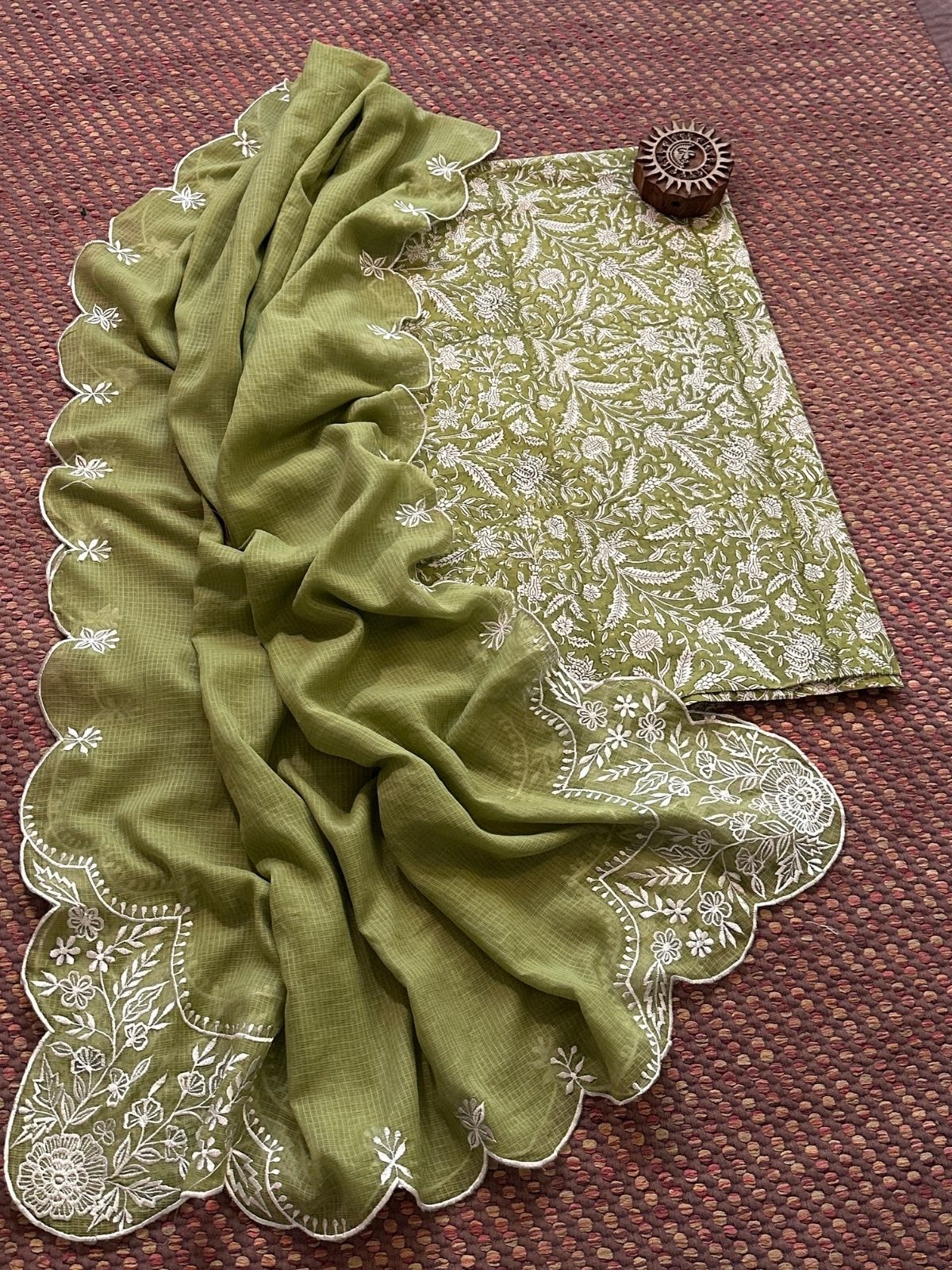 Pure Cotton Hand-blocked fabric set with Embroidered Dupatta