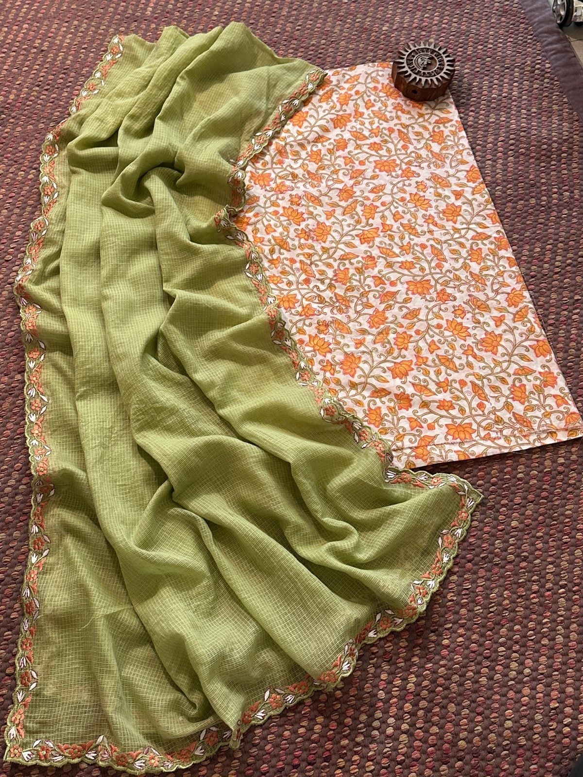 Pure Cotton Hand-blocked Fabric with Exclusive Embroidered Dupatta