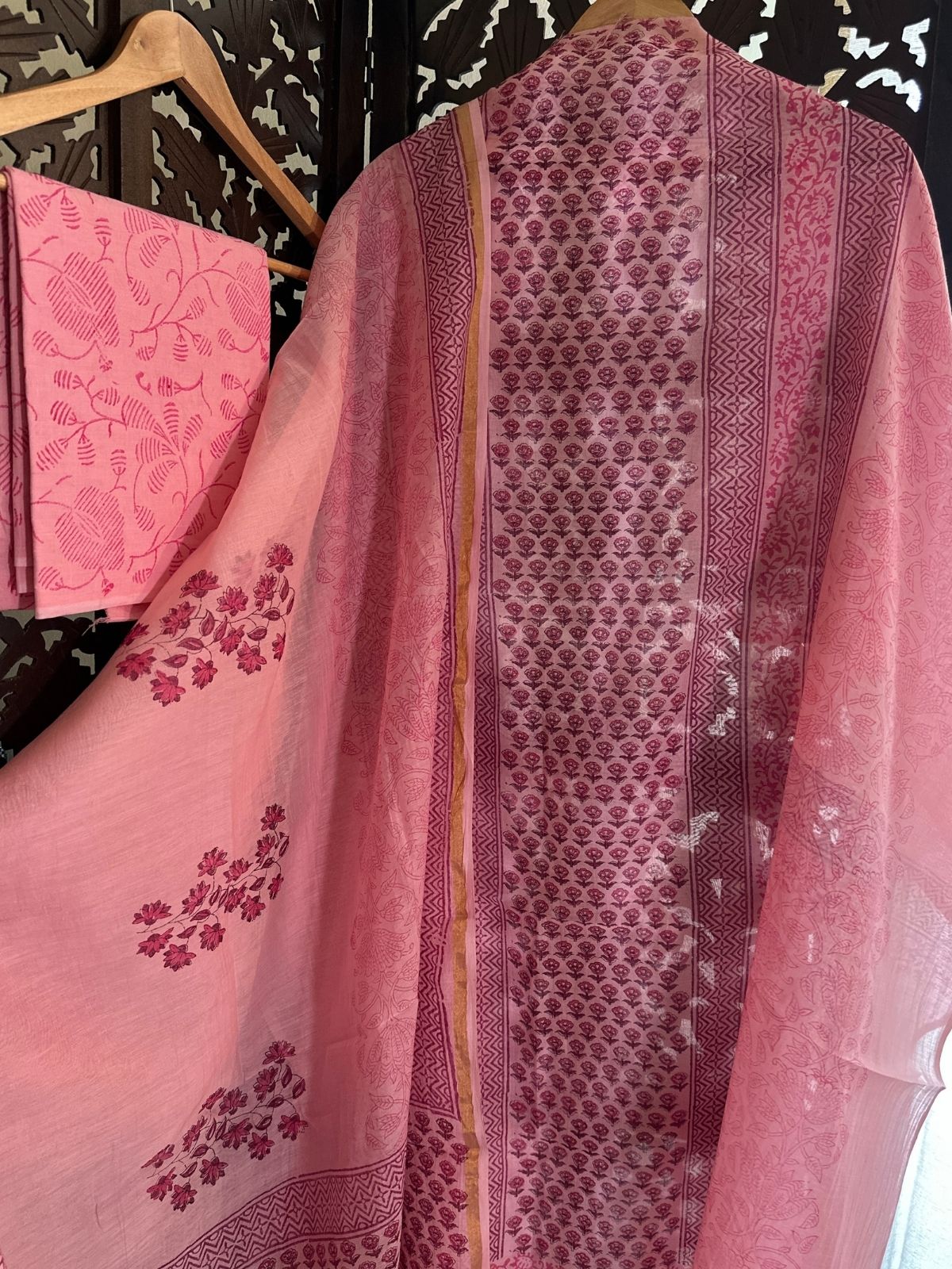 Premium Hand-blocked Malmal Maheswari Unstitched Set