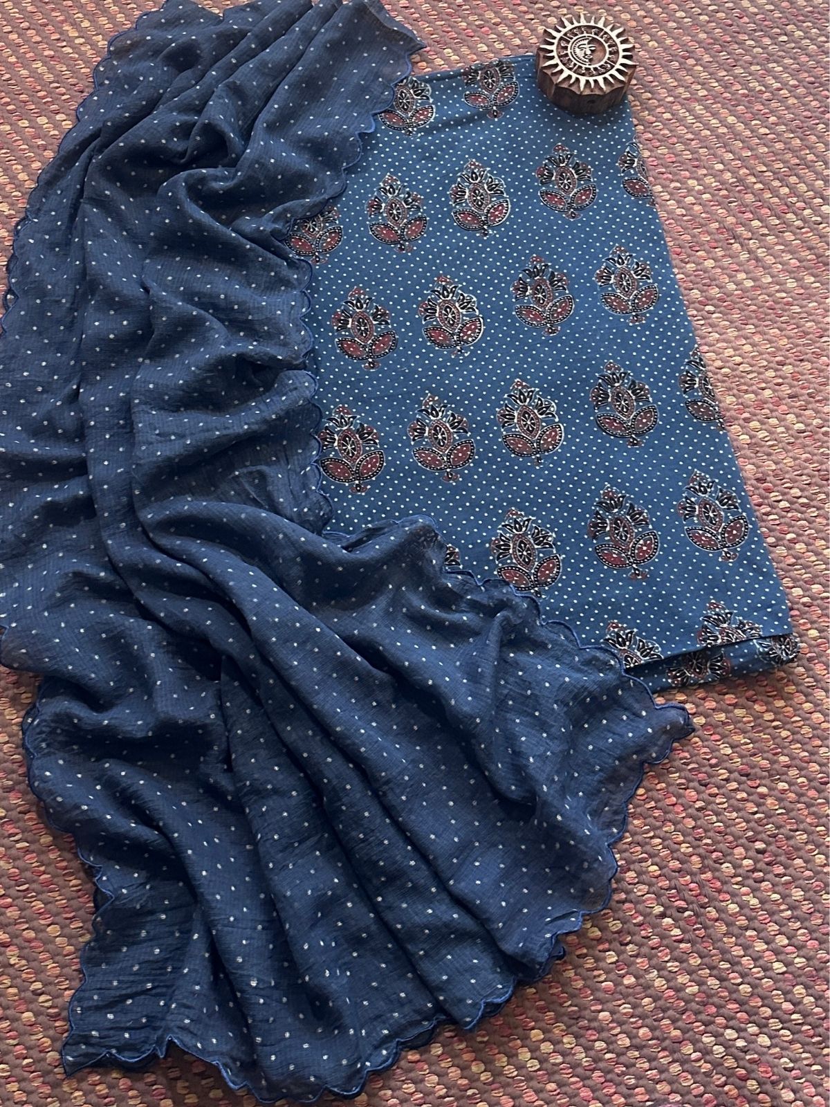 Ajrakh Cotton Malmal Handblocked Set- Top & Dupatta