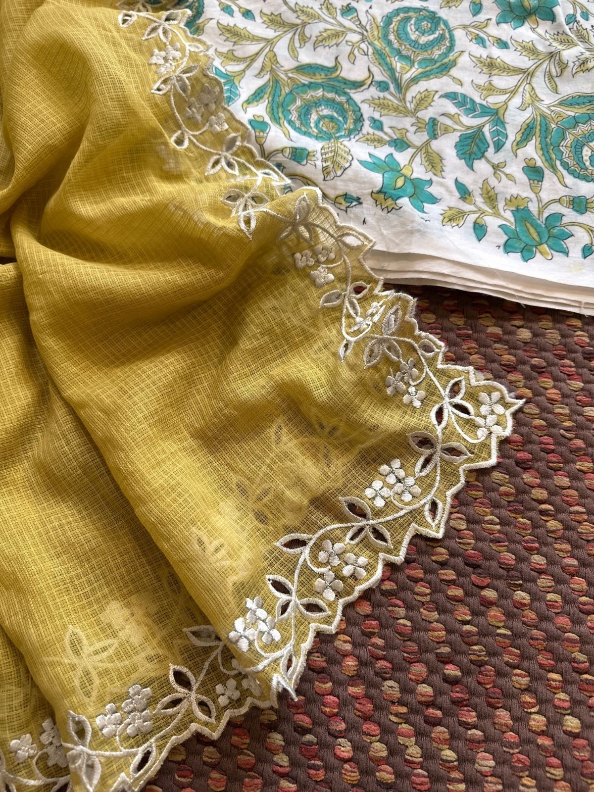 Pure Cotton Handblock Fabric with Cutwork Embroidered Dupatta