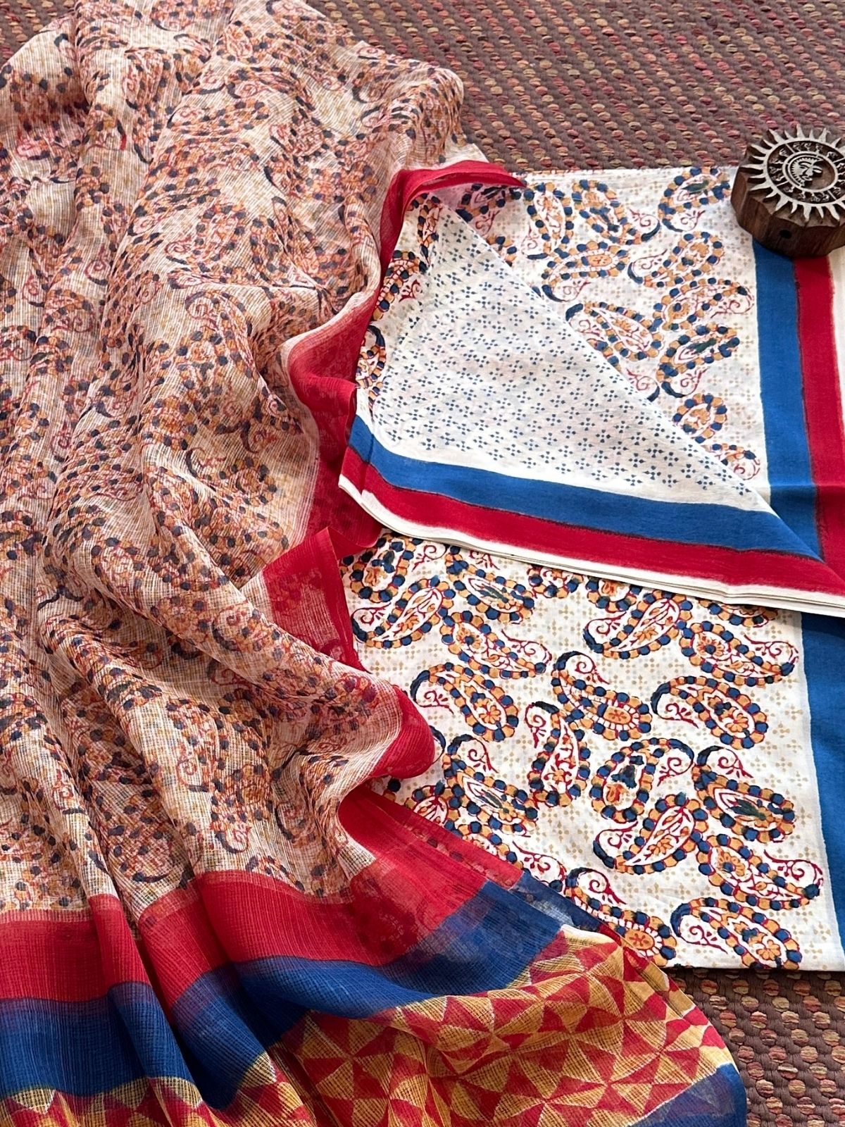 Pure Handblcoked Cotton Unstitched Set with Handblocked Kota Dupatta