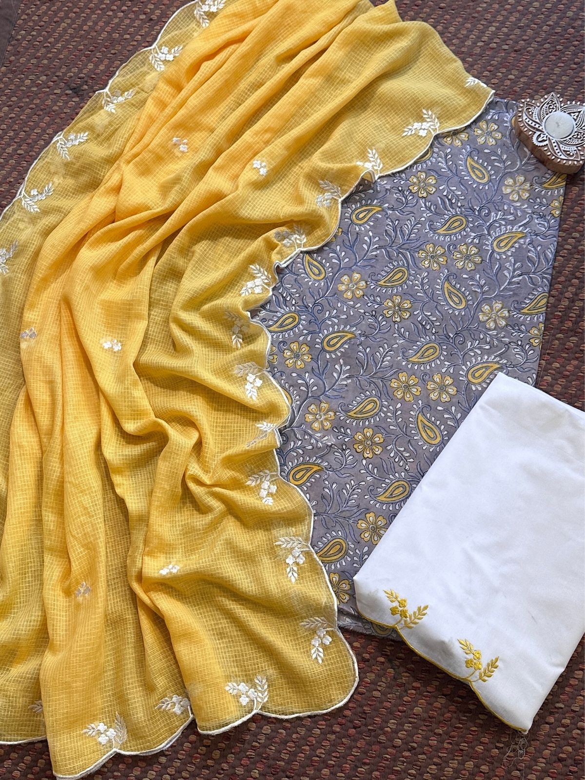 Pure Cotton Hand-block Fabric with Embroidered Bottom & Kota Doria Dupatta