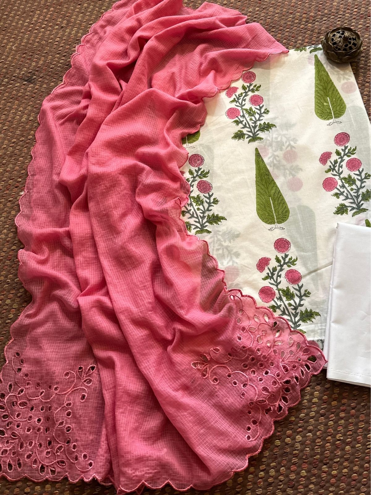 Pure Cotton Hand-blocked Fabric Set with Cutwork Kota Doria Dupatta